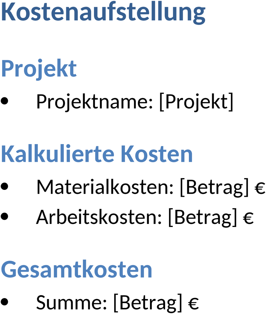 Word-Vorlage für Kostenaufstellungen