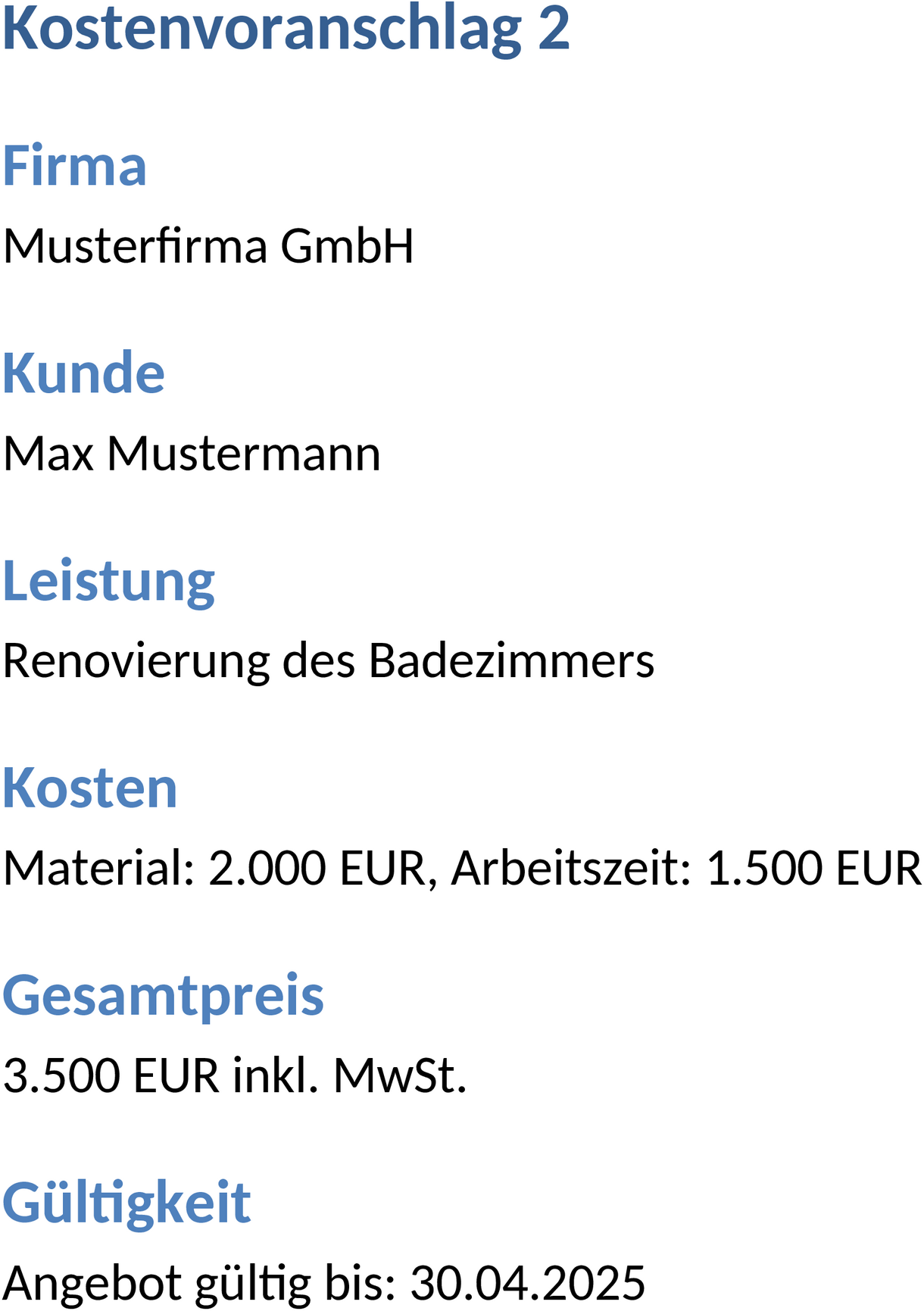 Word Vorlage Kostenvoranschlag