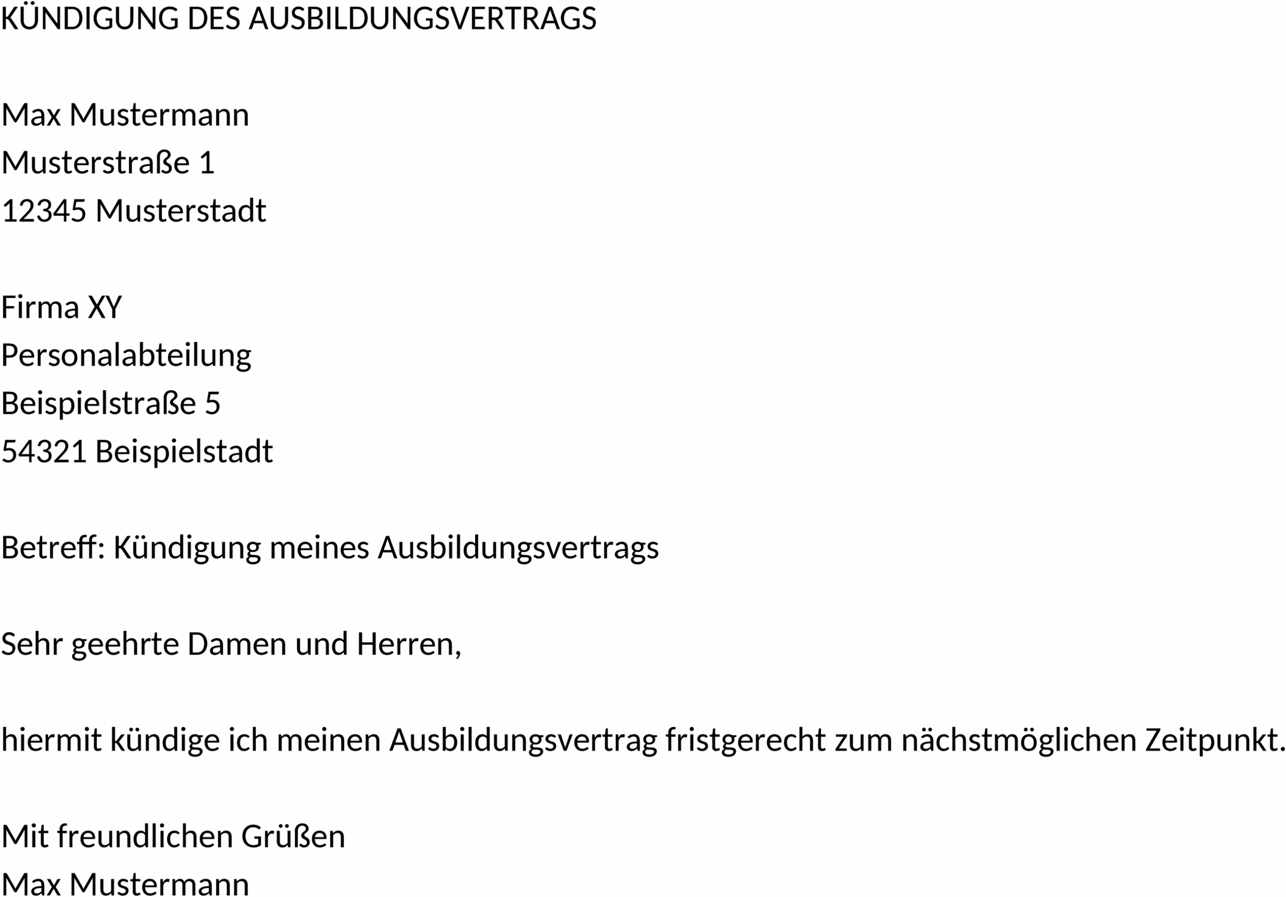Word-Vorlage für die Kündigung eines Ausbildungsvertrags