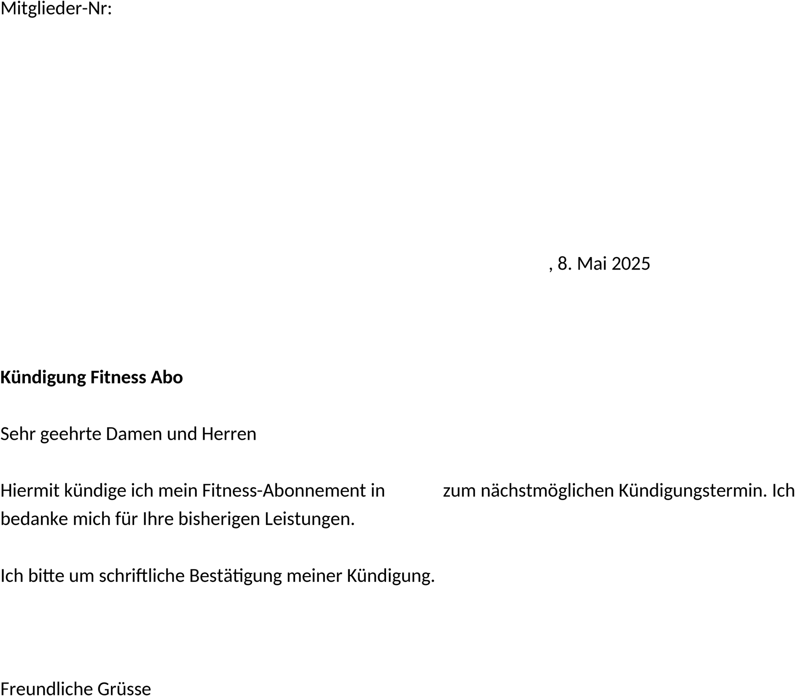 Word-Vorlage Kündigung Fitnessstudio-Abo