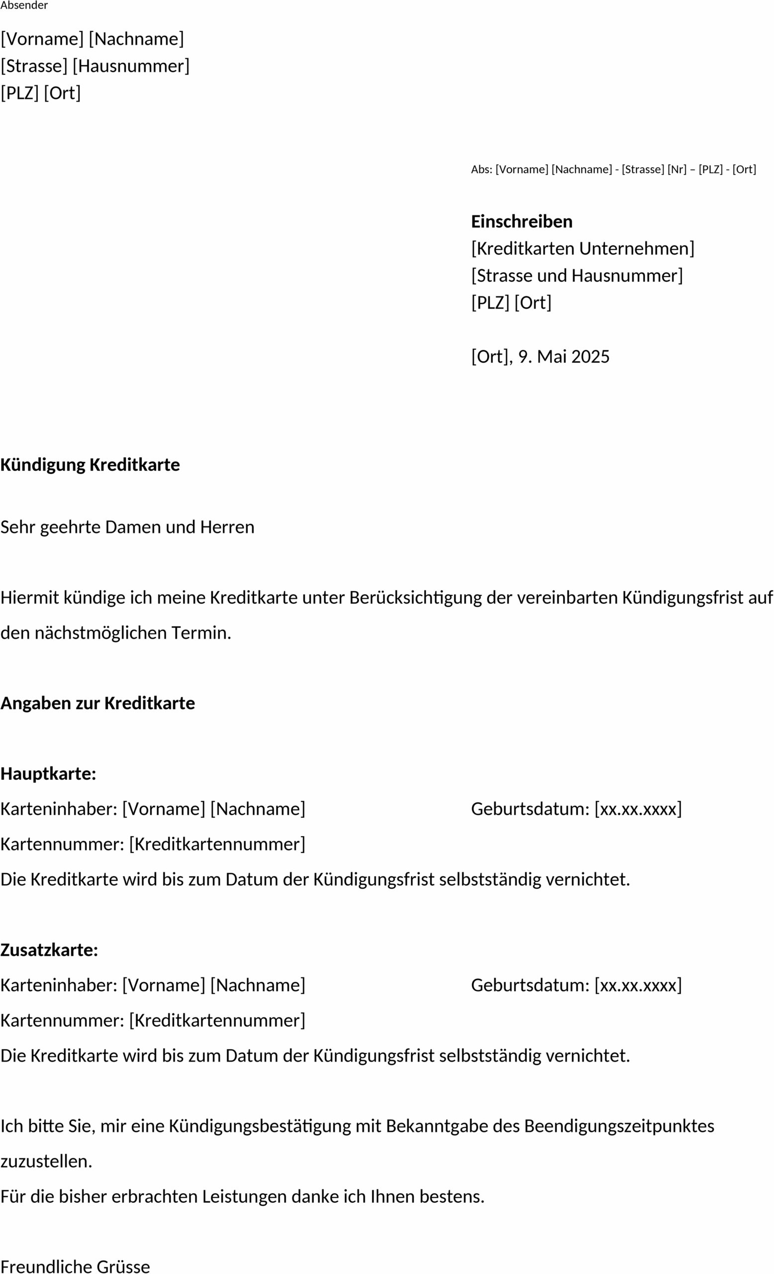 Word-Vorlage für Kreditkartenkündigung