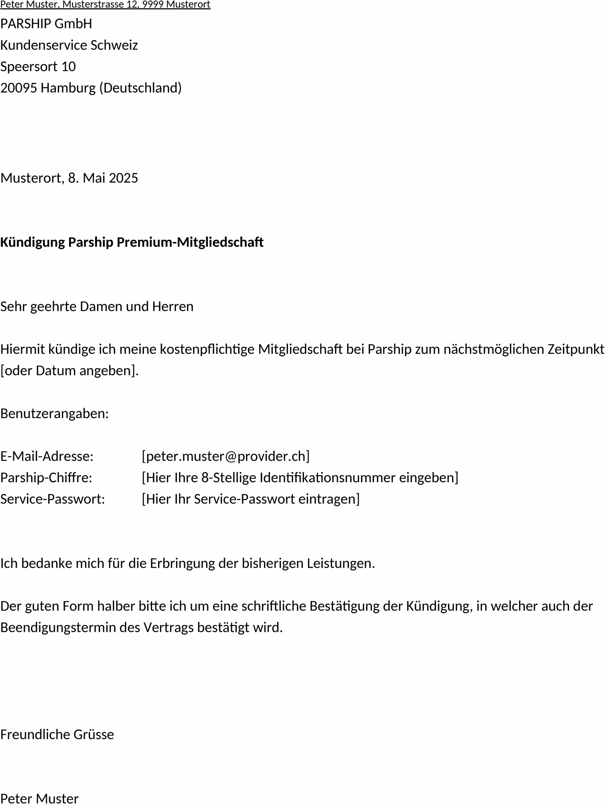 Word Vorlage für Kündigung Parship