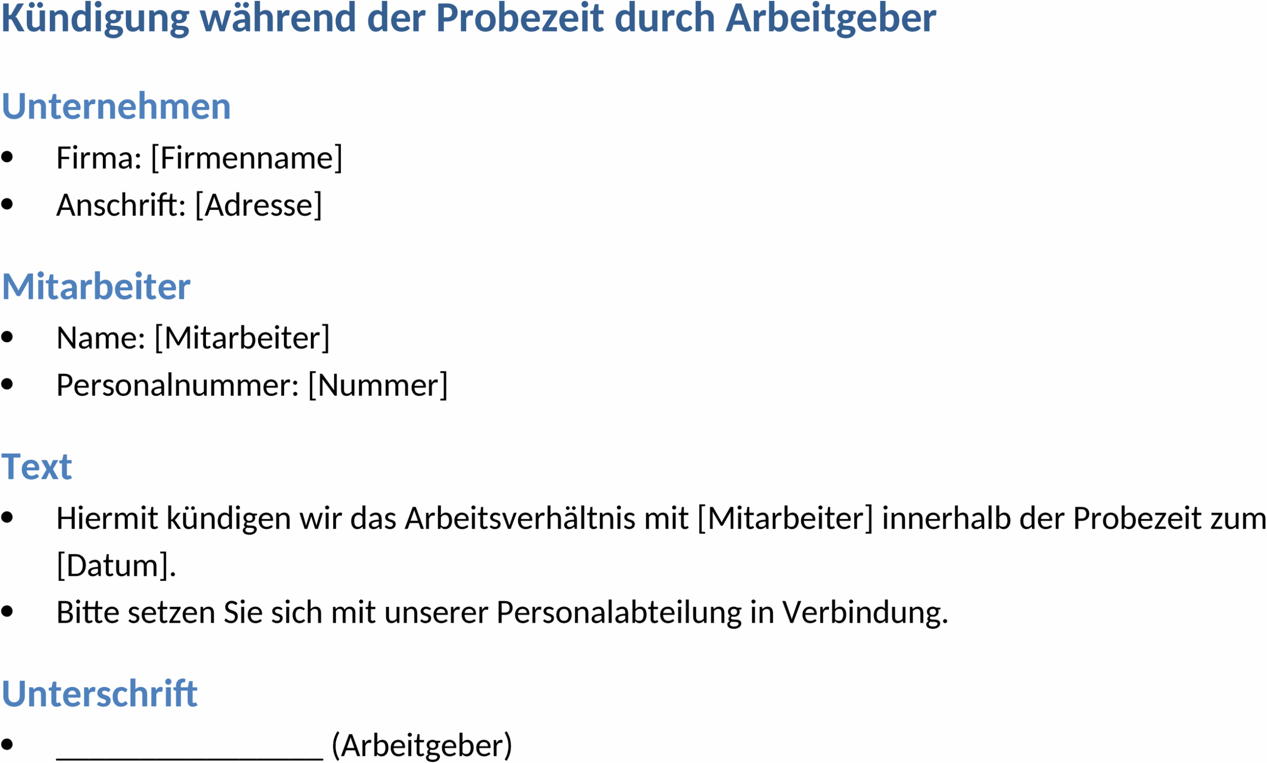 Word-Vorlage Kündigung Probezeit Arbeitgeber