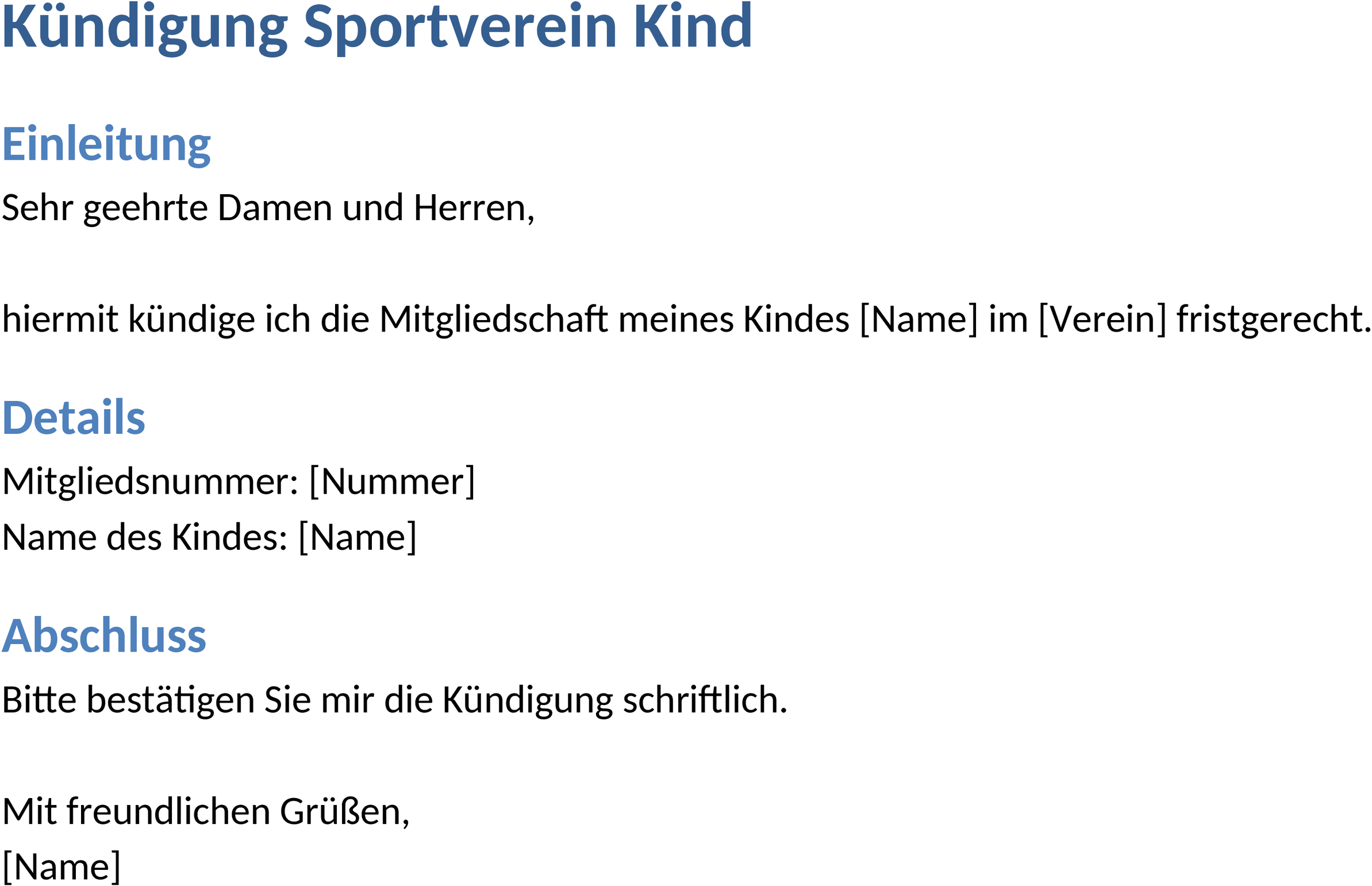 Word-Vorlage Kündigung Sportverein Kind