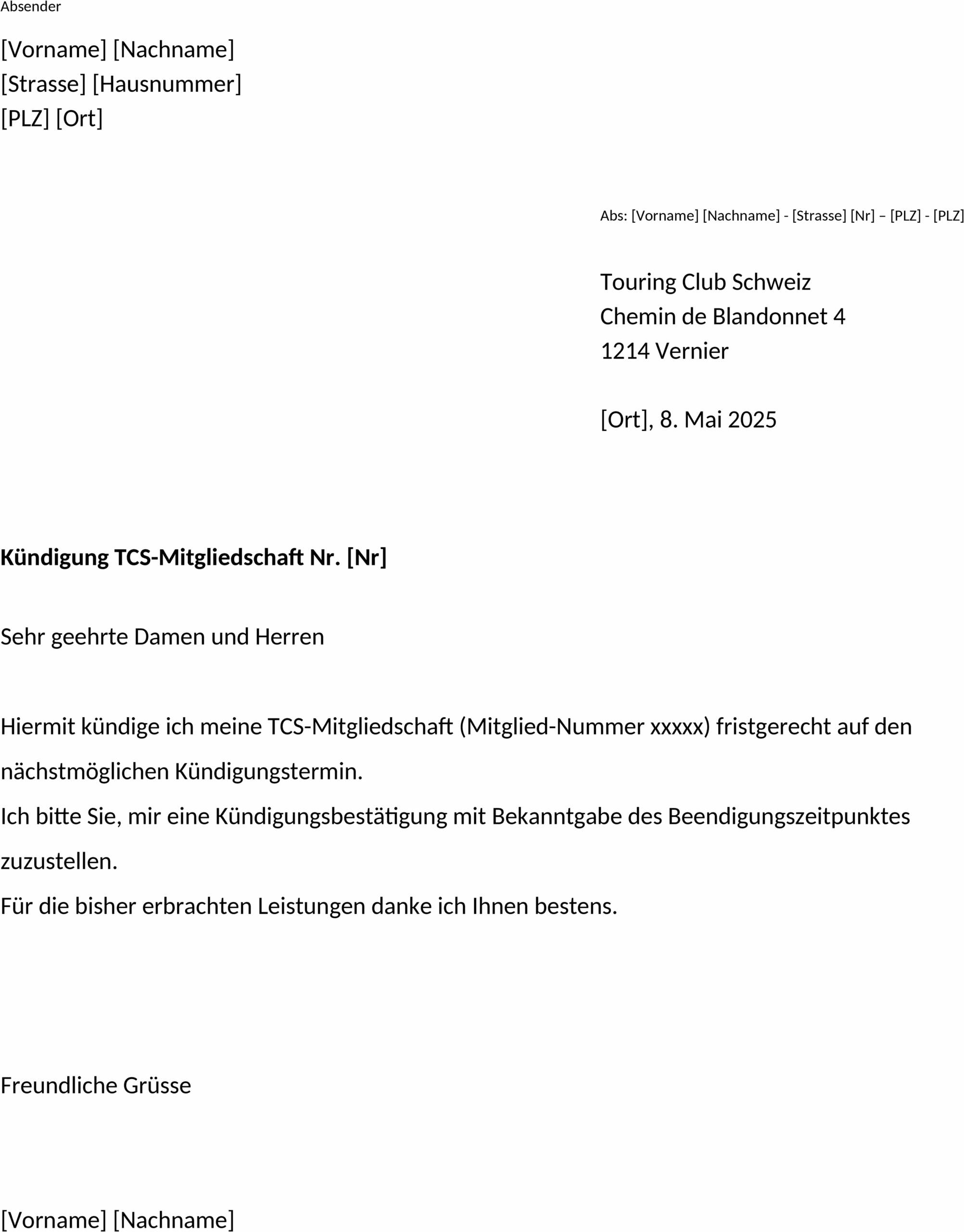 Word-Vorlage zur Kündigung einer TCS-Mitgliedschaft