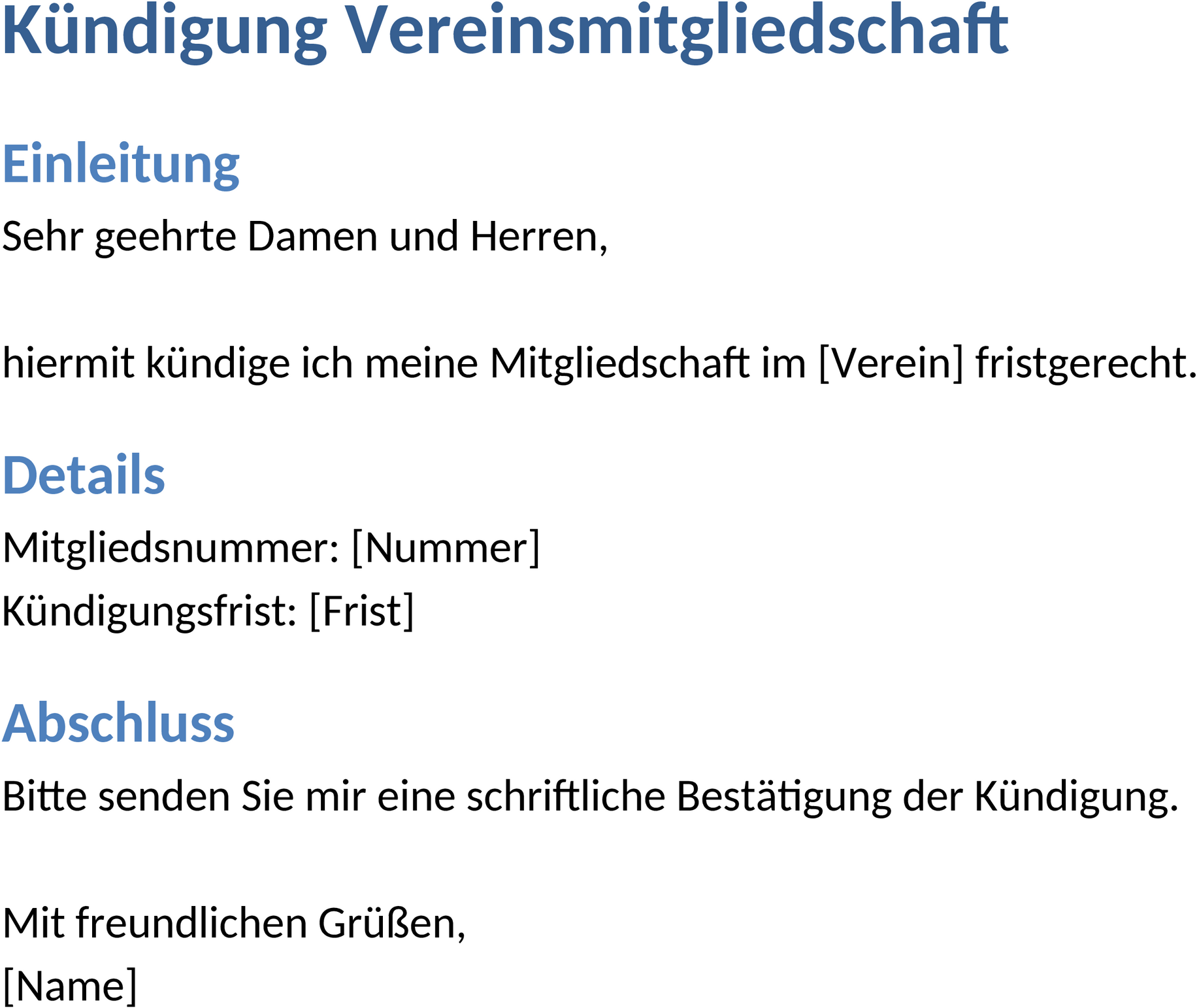 Word-Vorlage zur Kündigung einer Vereinsmitgliedschaft