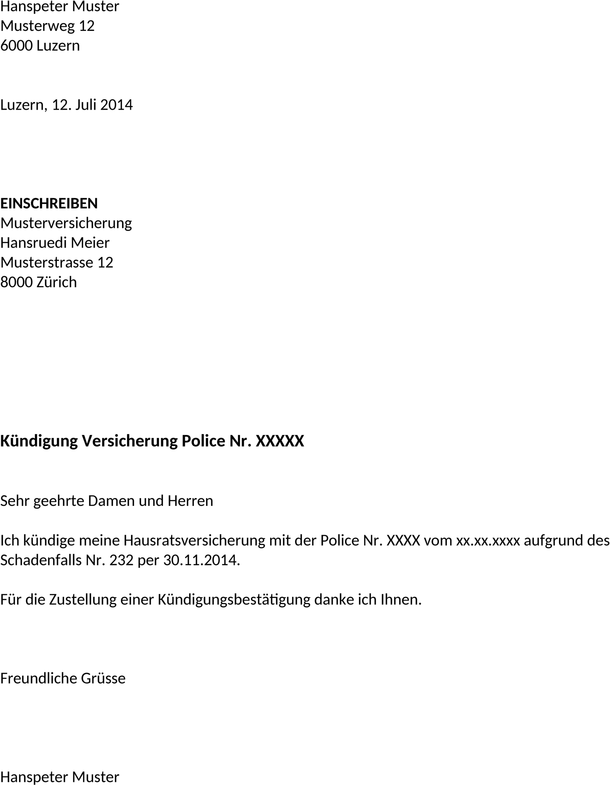 Word-Vorlage für Versicherungskündigung