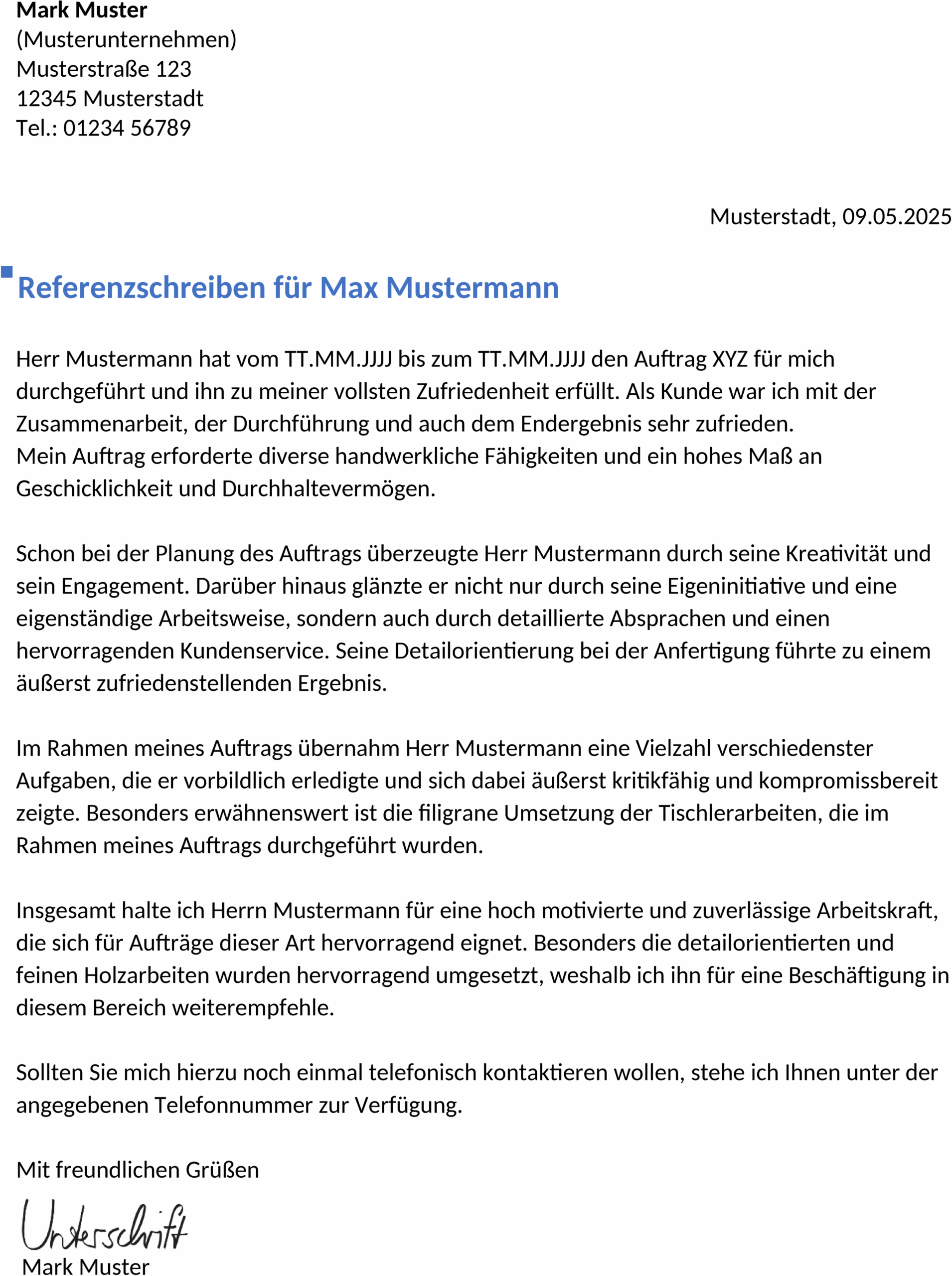 Word-Vorlage für Kunden-Referenzschreiben