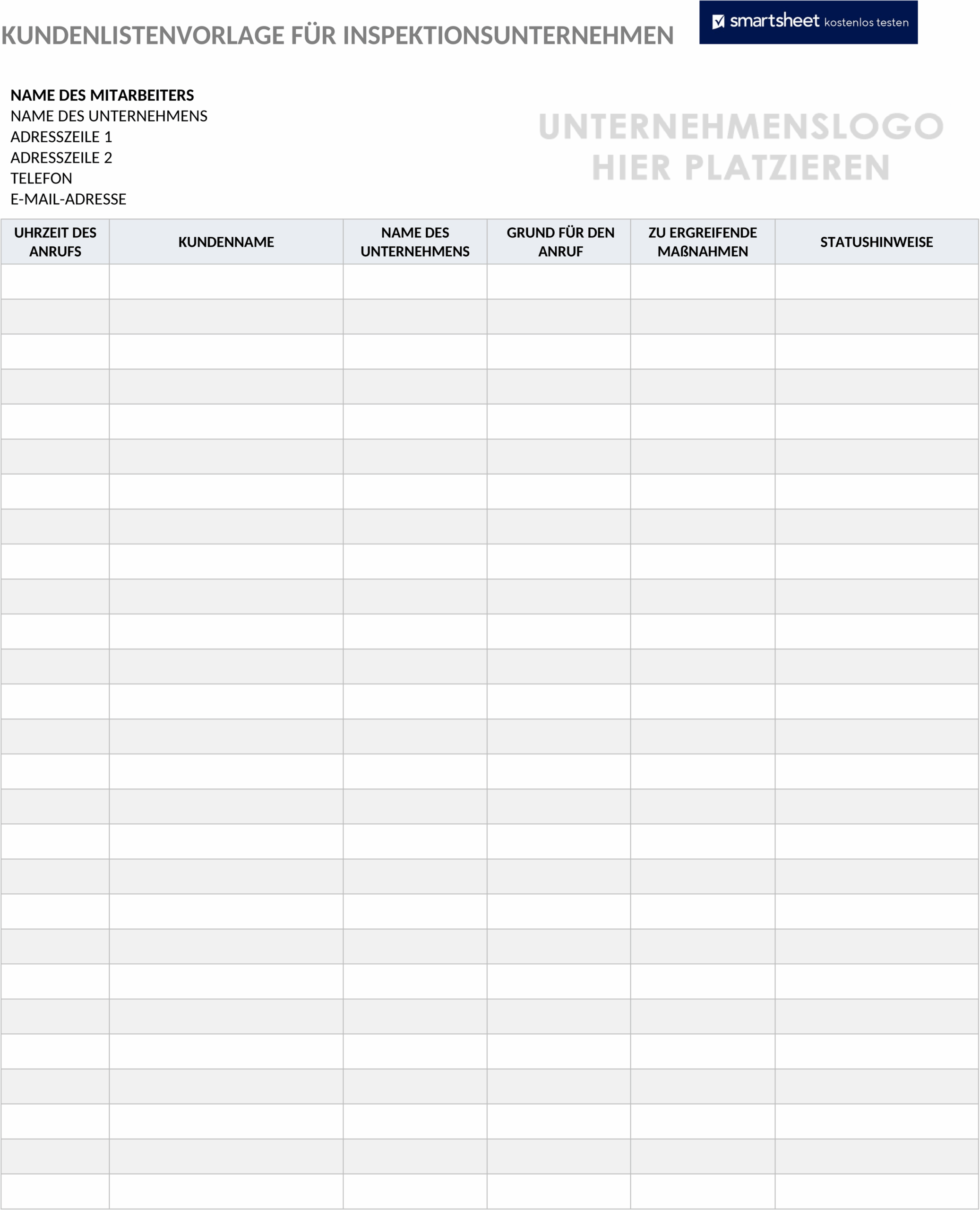 Word-Vorlage Kundenliste Inspektionsunternehmen