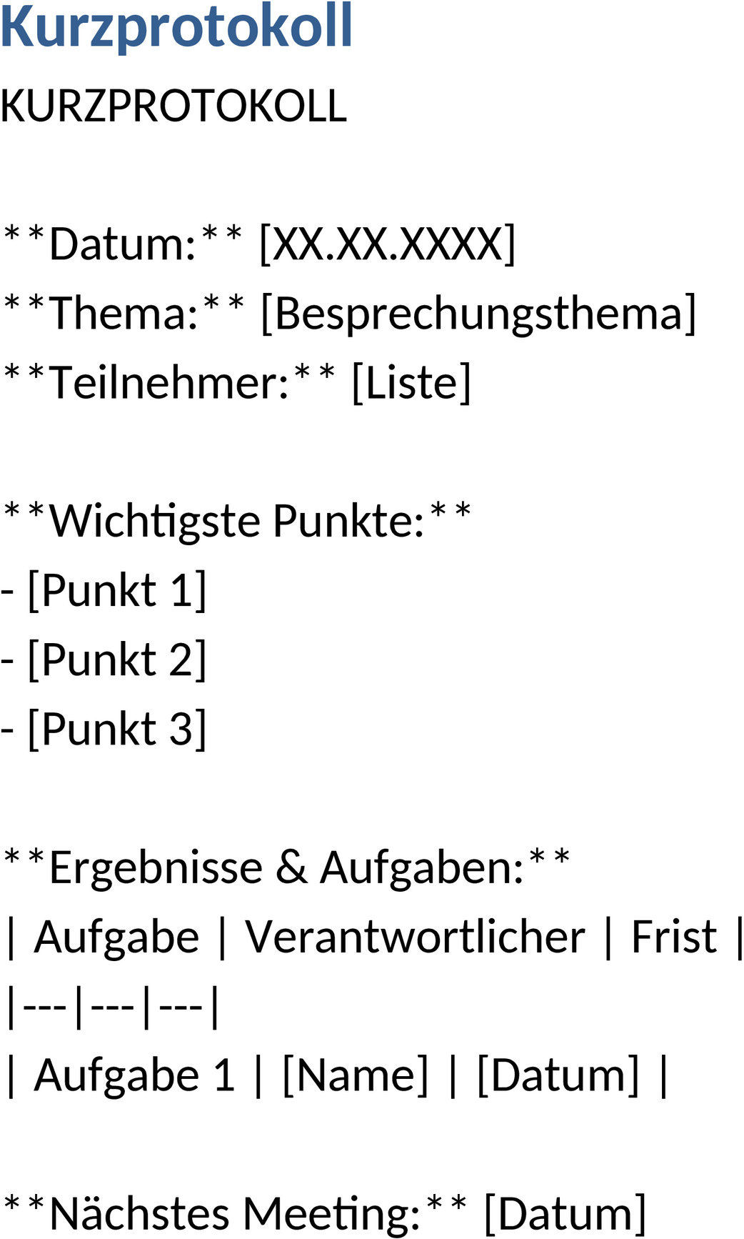 Word-Vorlage für Kurzprotokoll