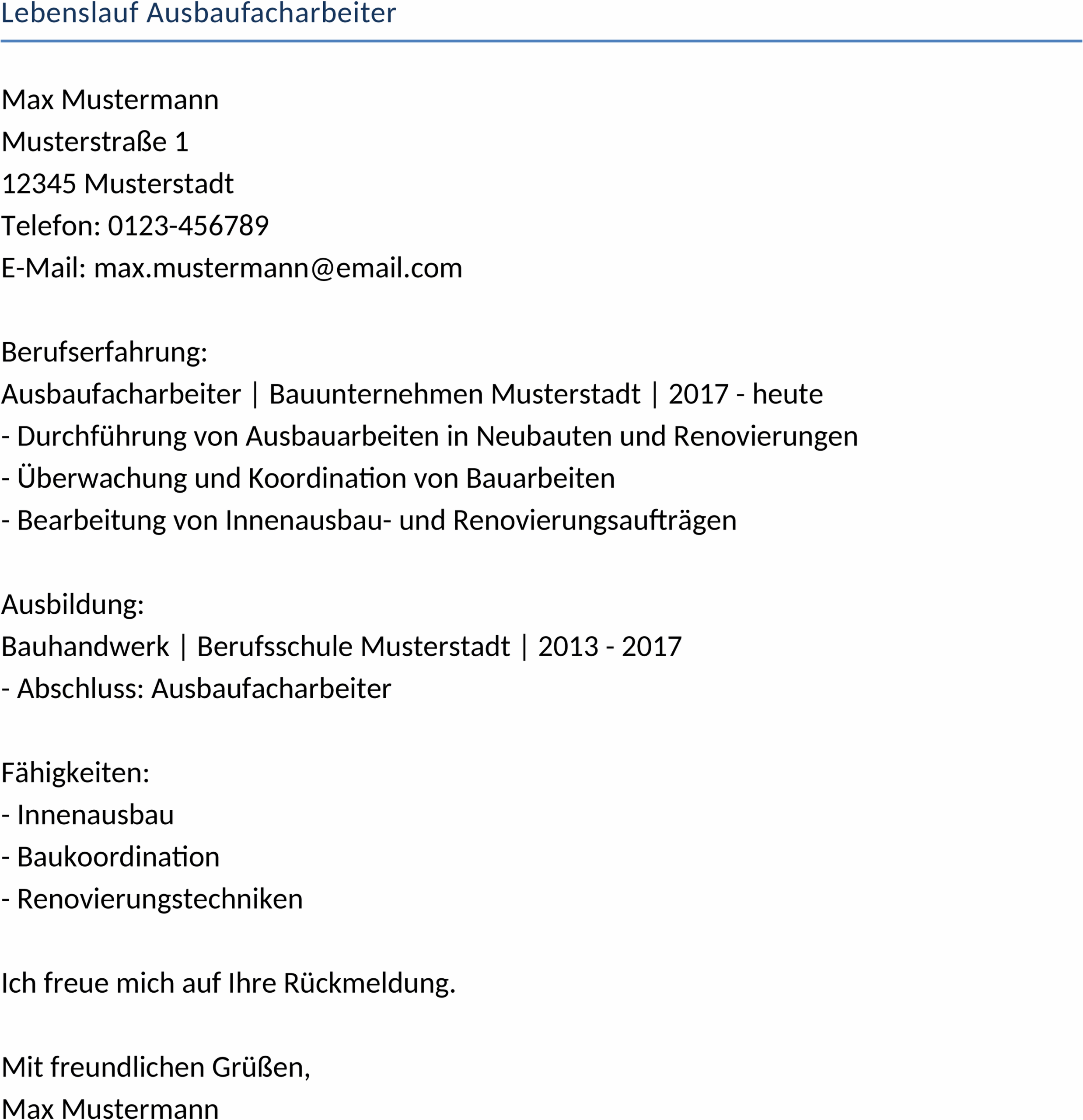 Word-Vorlage Lebenslauf Ausbaufacharbeiter