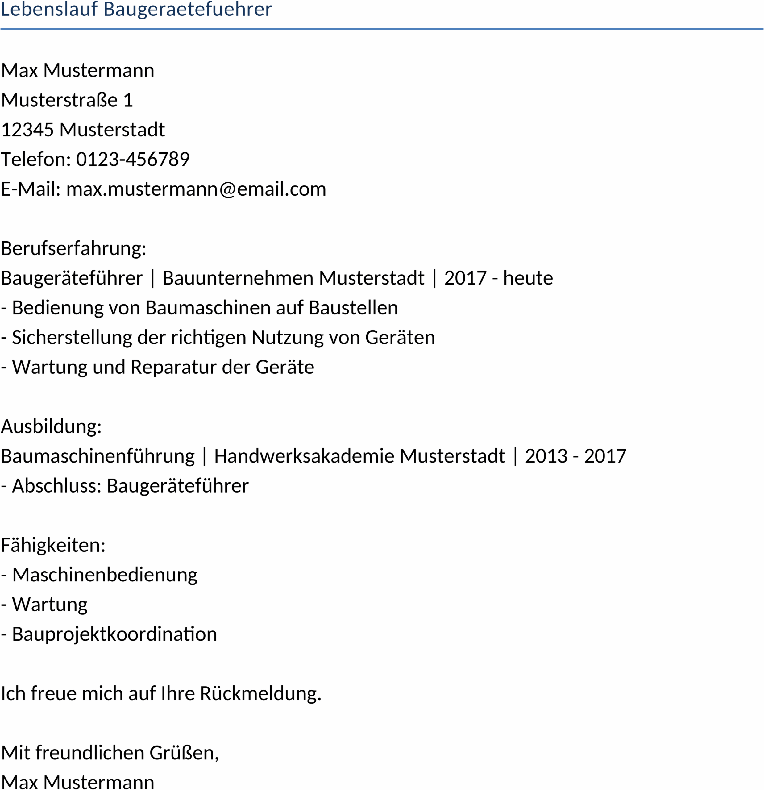 Word-Vorlage Lebenslauf Baugeräteführer