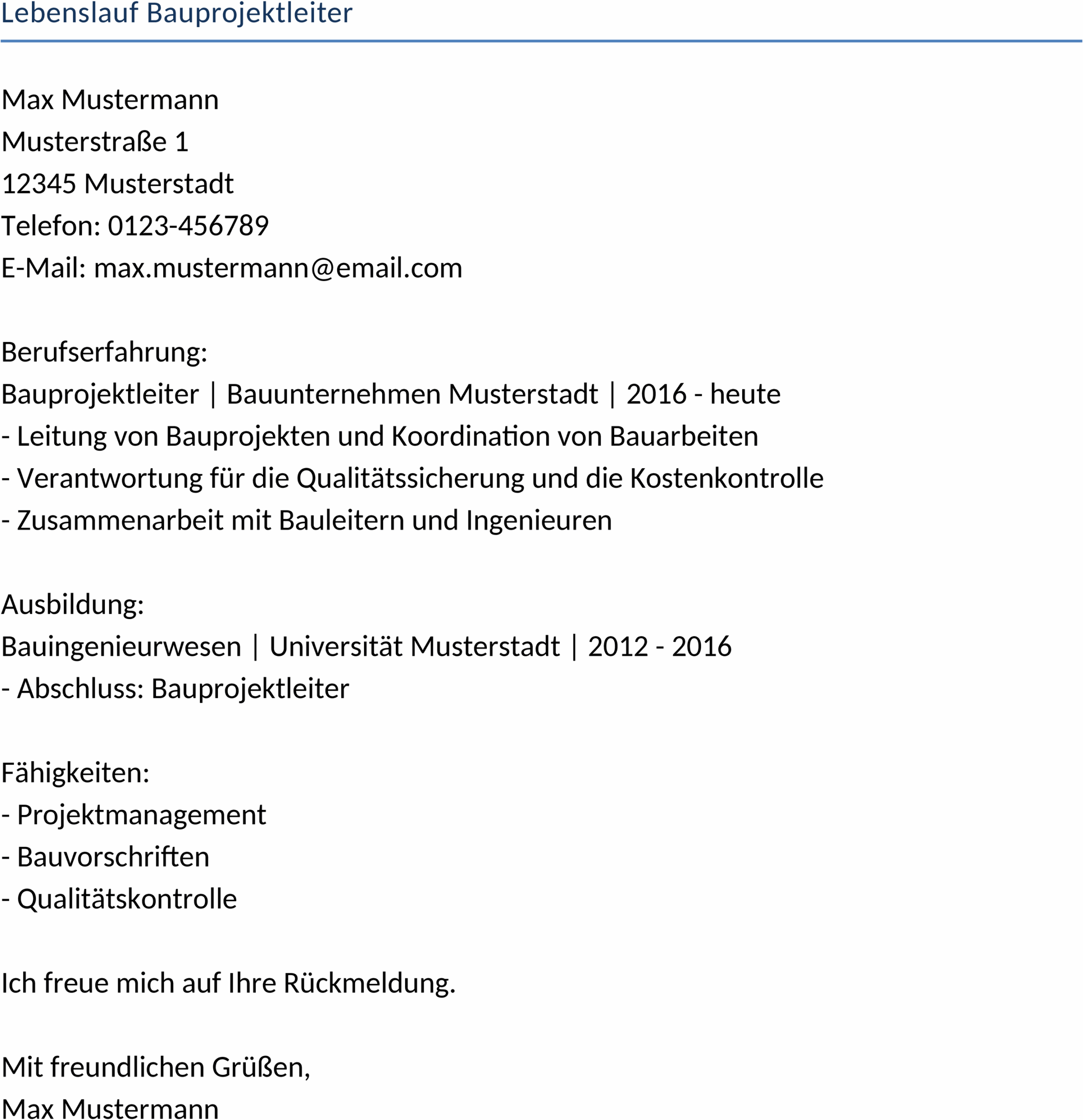 Word-Vorlage Lebenslauf Bauprojektleiter