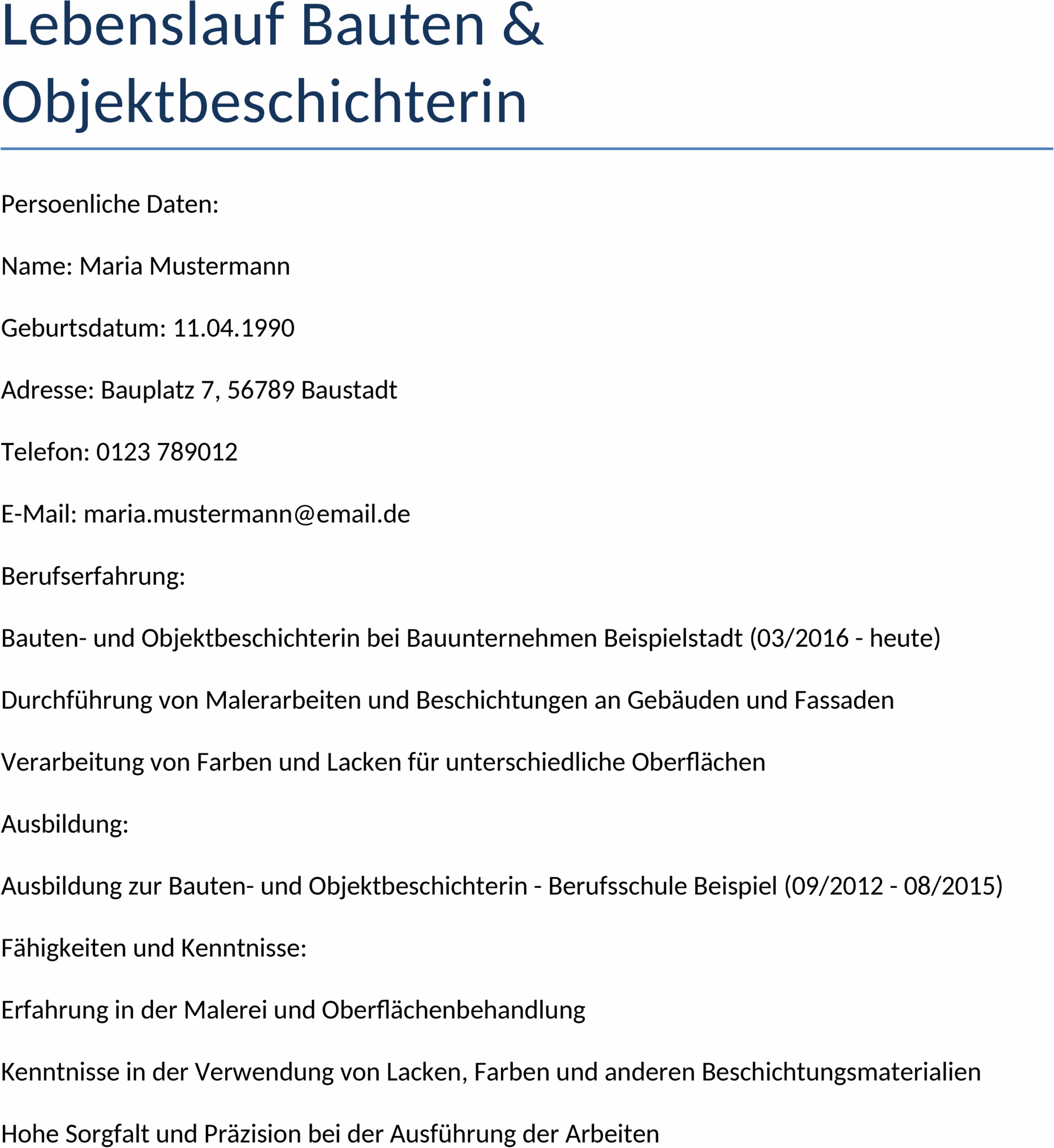 Word-Vorlage Lebenslauf Bauten- und Objektbeschichter