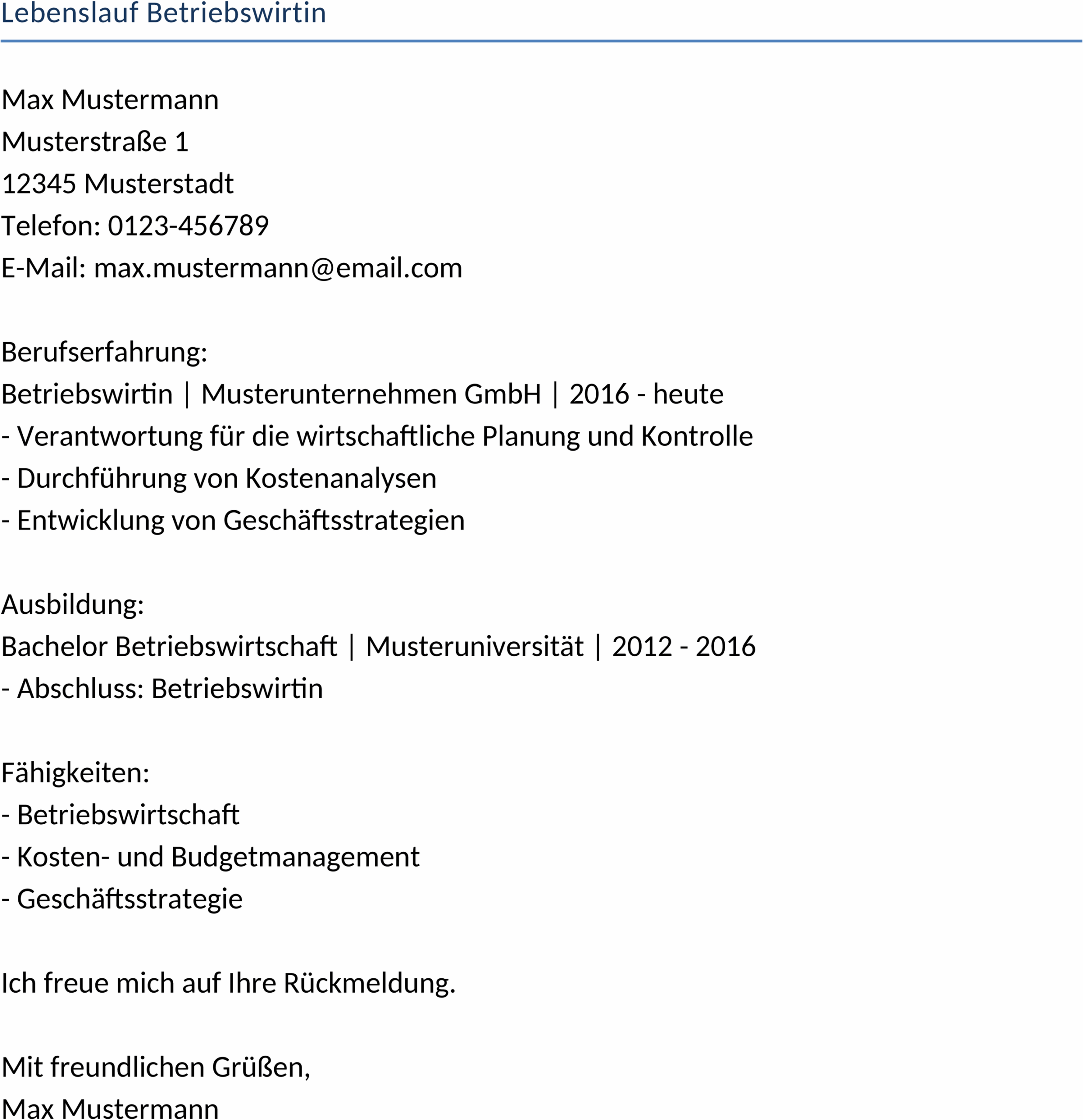 Word-Vorlage Lebenslauf Betriebswirtin