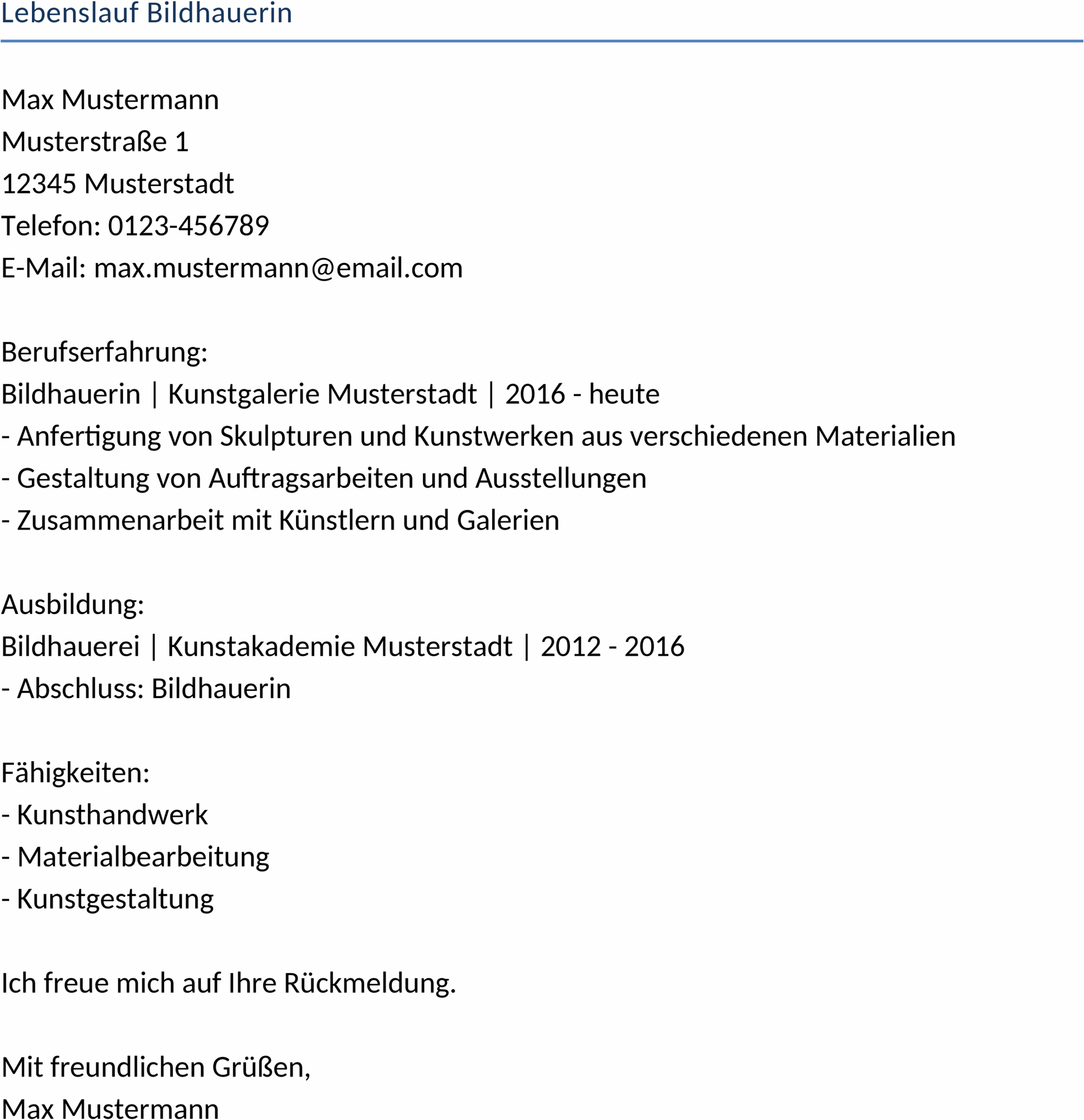 Word Vorlage Lebenslauf Bildhauerin