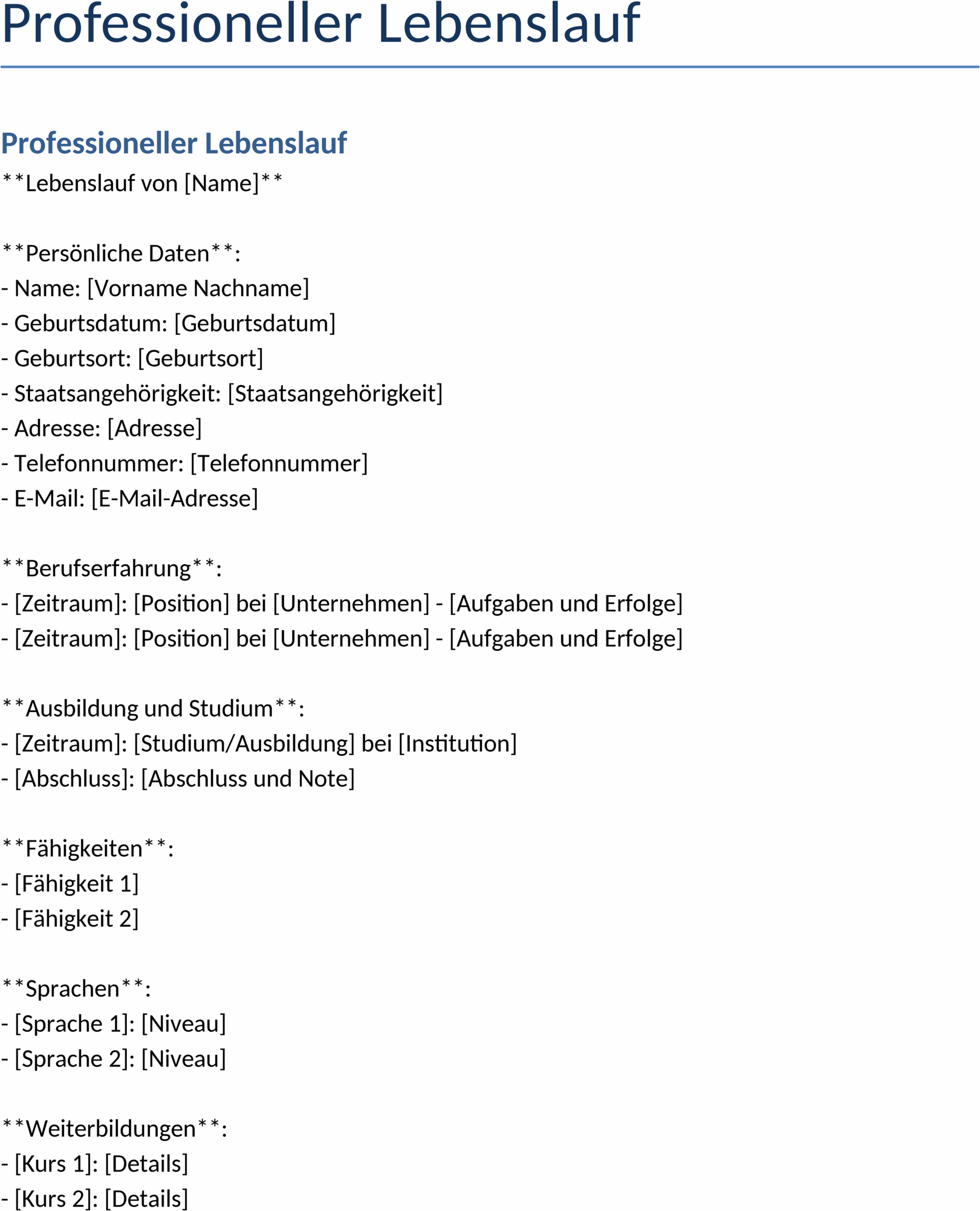 Word-Vorlage Lebenslauf Professioneller Lebenslauf