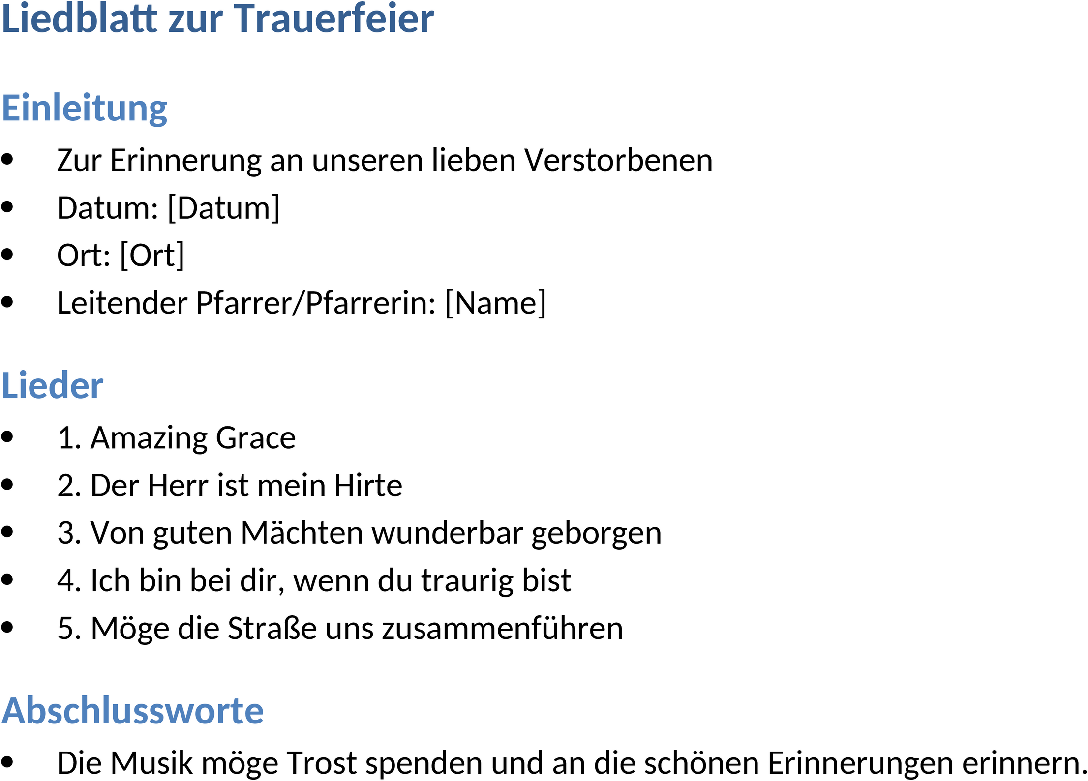 Word-Vorlage Liedblatt Trauerfeier
