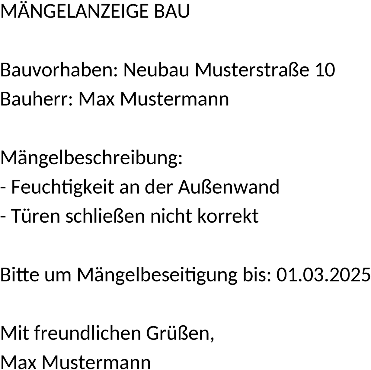 Word-Vorlage Mängelanzeige Bauwesen