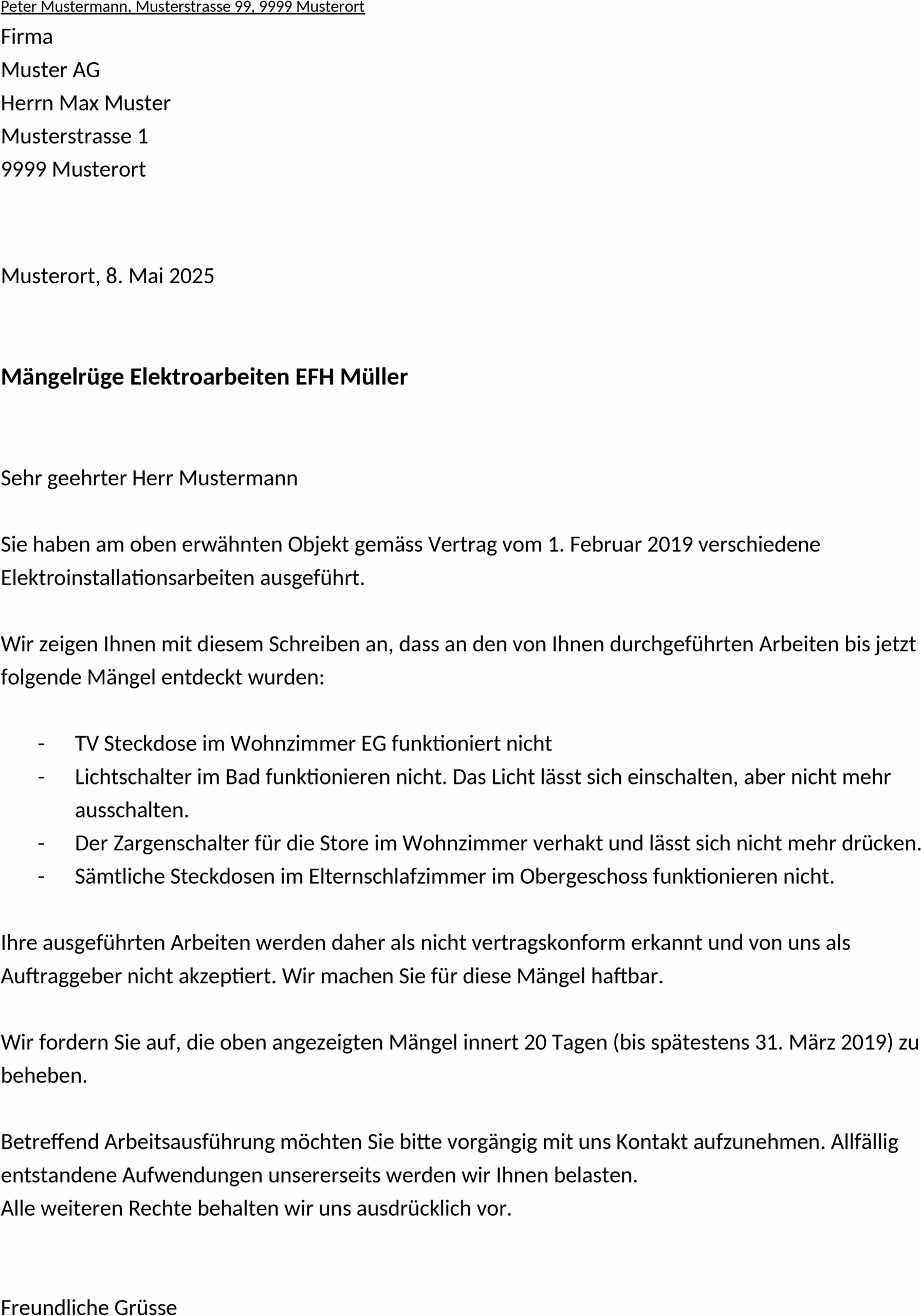 Word-Vorlage für Mängelrüge im Bauwesen
