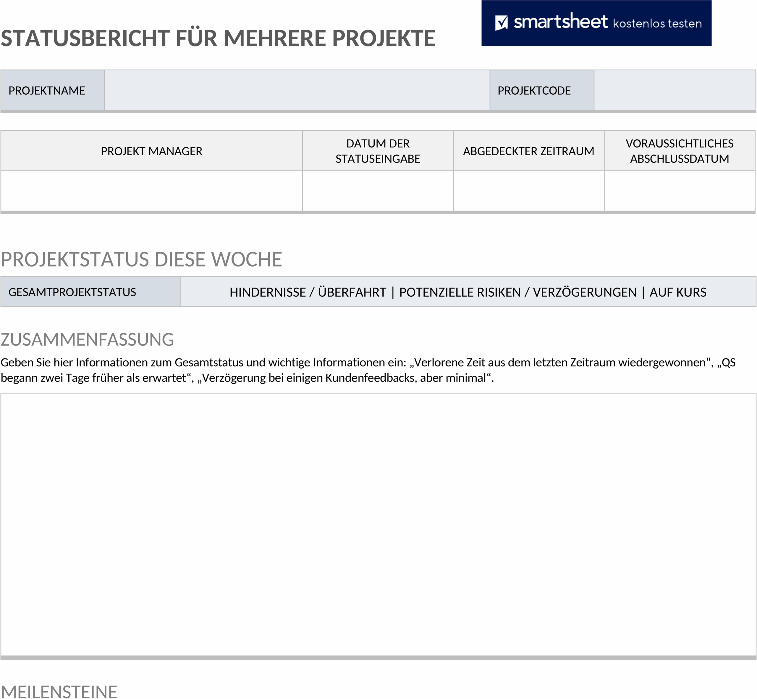 Word-Vorlage für Mehrfach-Projektstatusbericht