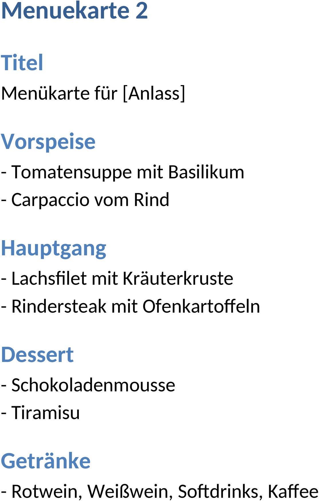 Word-Vorlage für Menükarte
