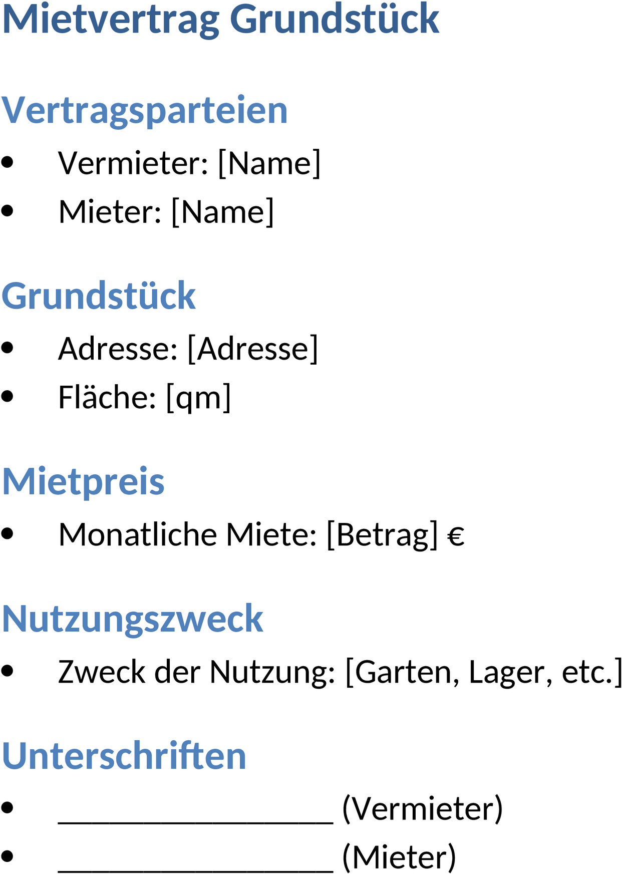 Word Vorlage Mietvertrag Grundstück