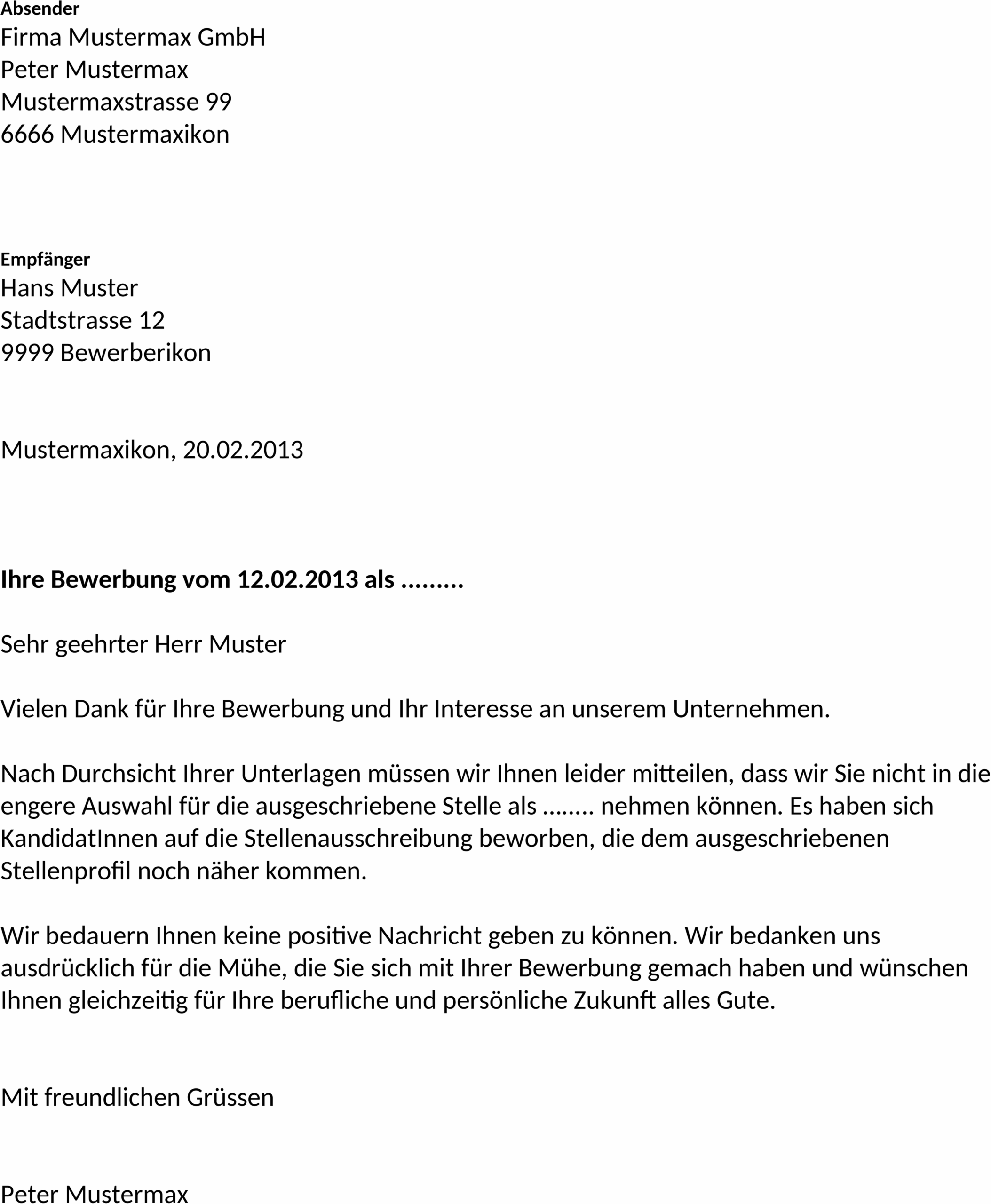Word Vorlage: Muster-Absage Bewerbung