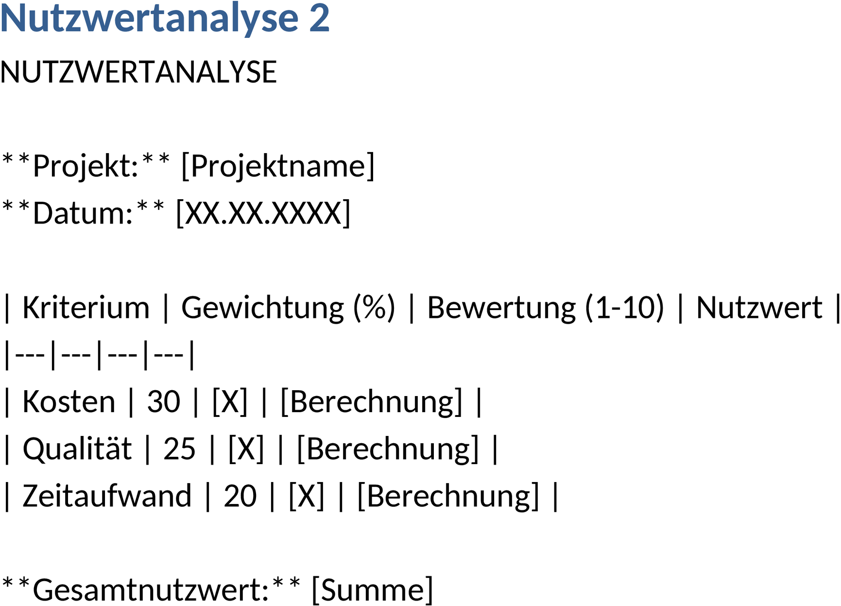 Word-Vorlage Nutzwertanalyse