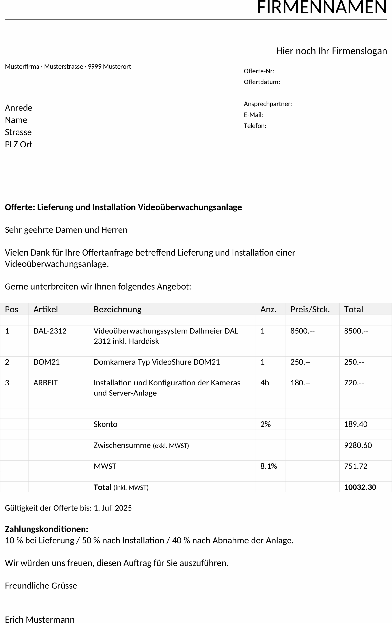 Word-Vorlage Offerte für Geschäftsvorlagen