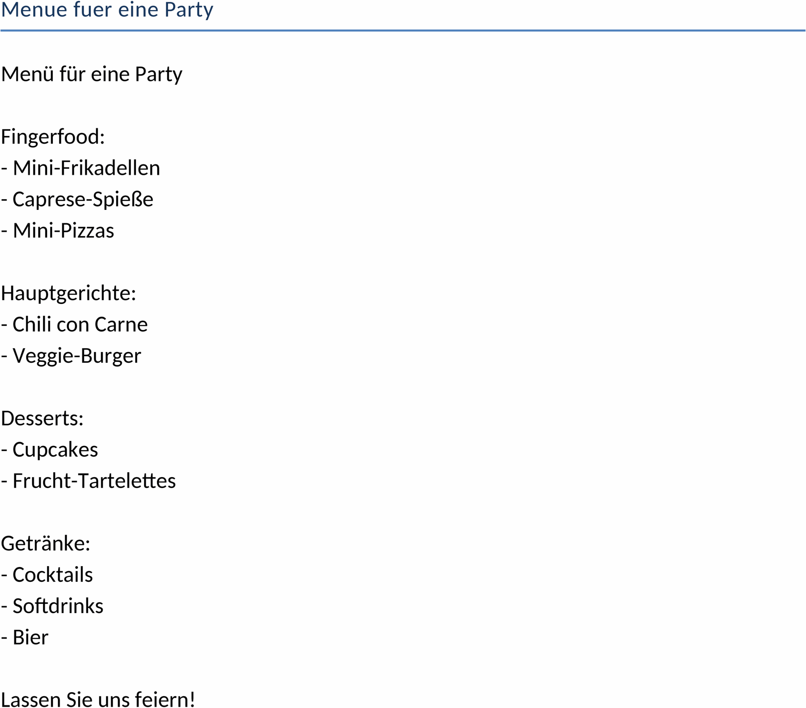 Word-Vorlage für Party-Menü