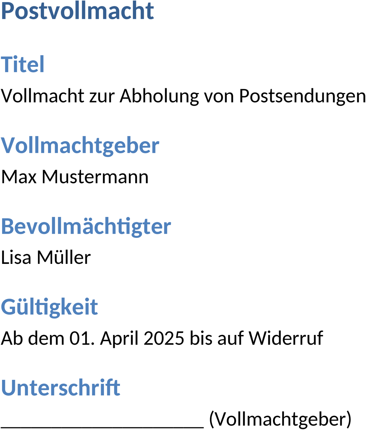 Word Vorlage Postvollmacht