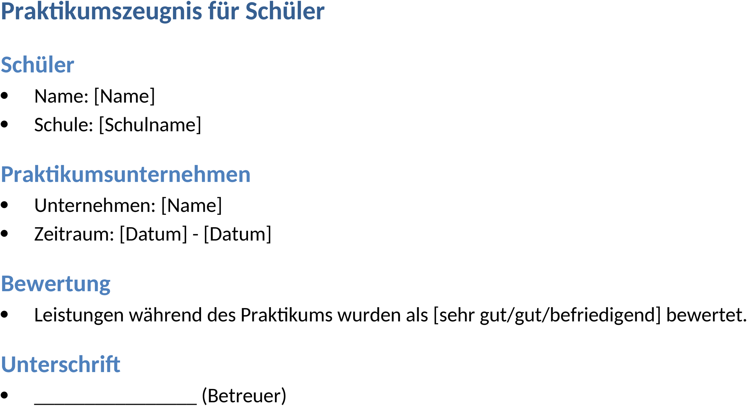 Word-Vorlage Praktikumszeugnis für Schüler
