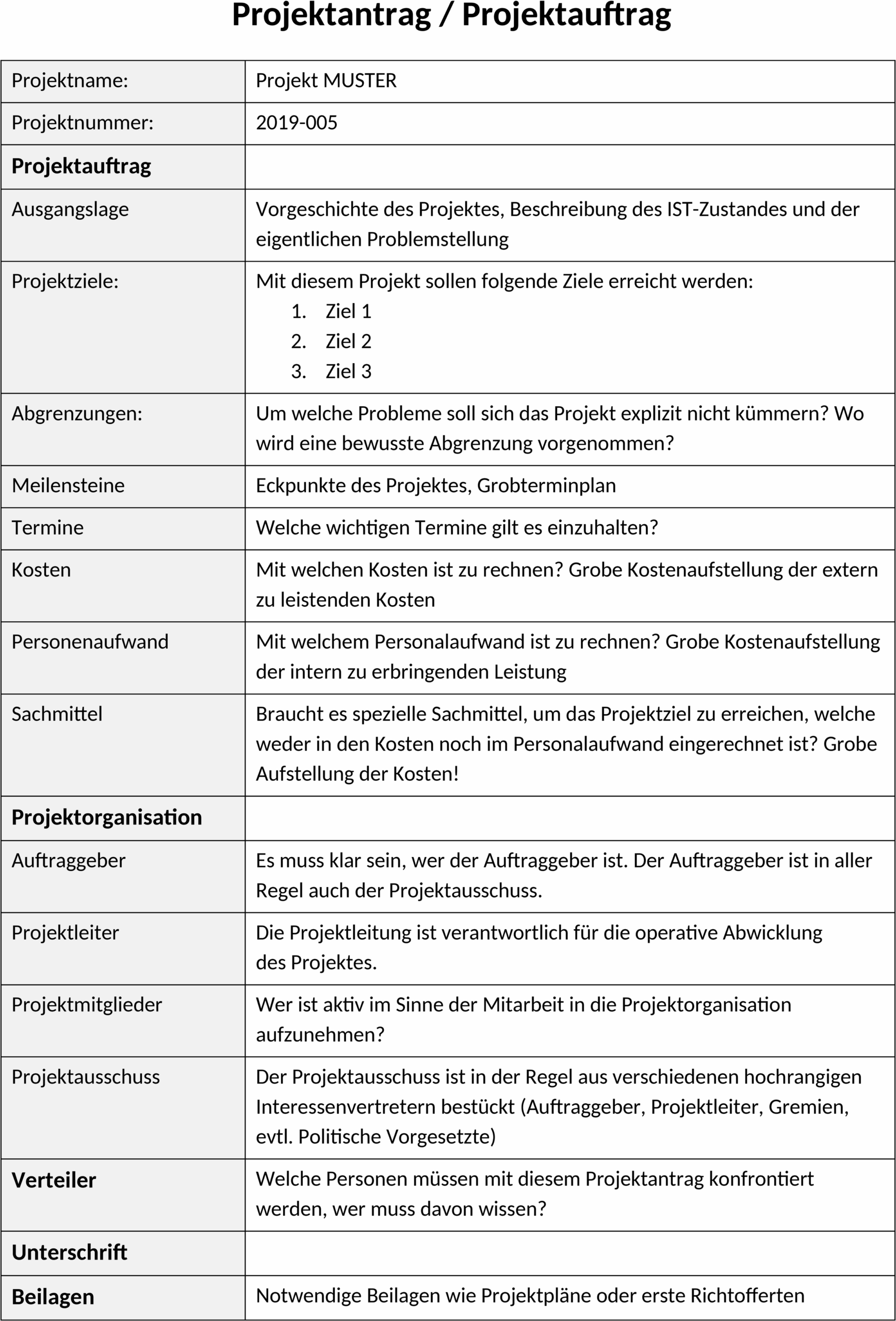 Word Vorlage für Projektauftrag