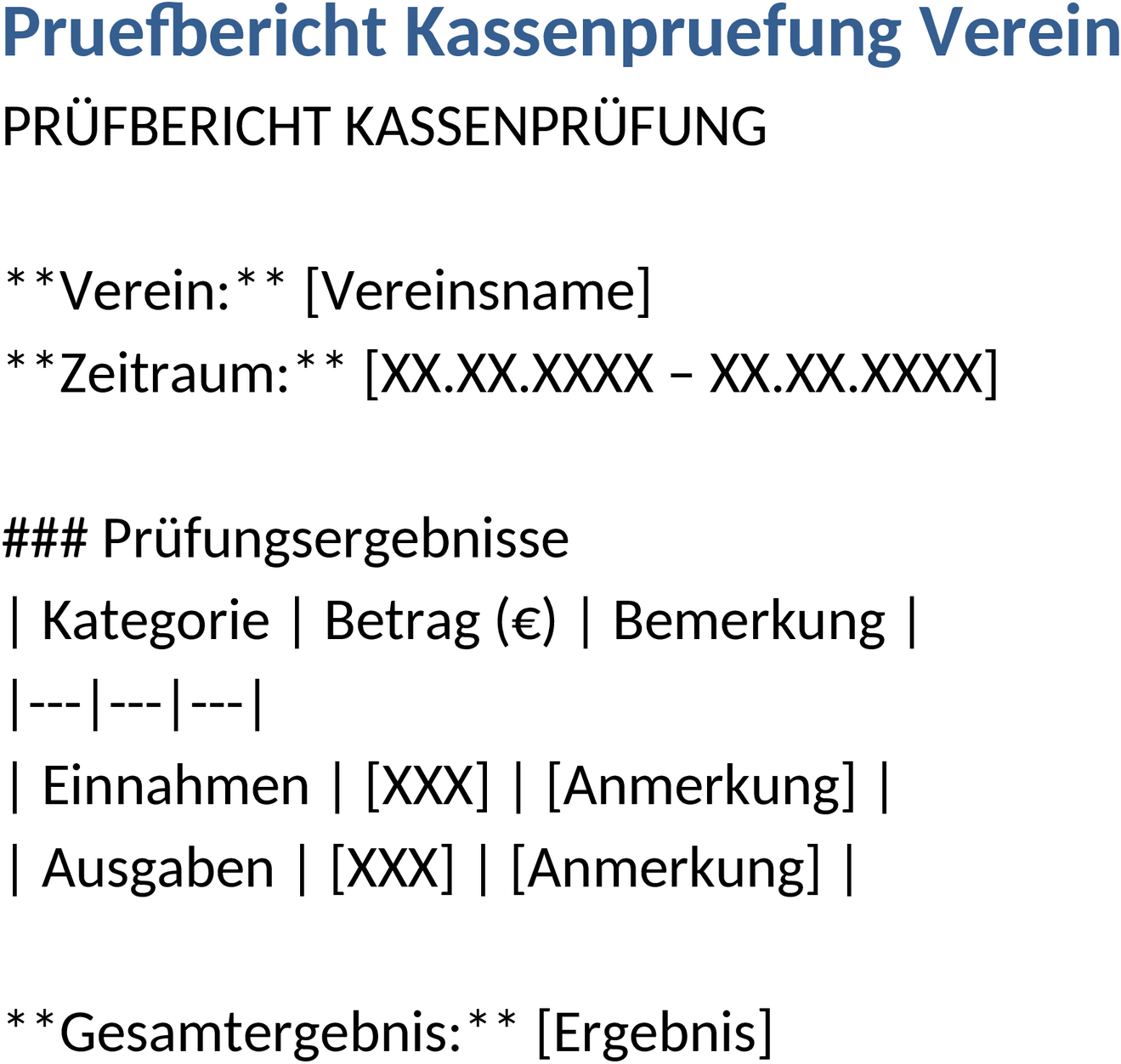 Word Vorlage Prüfbericht Kassenprüfung Verein