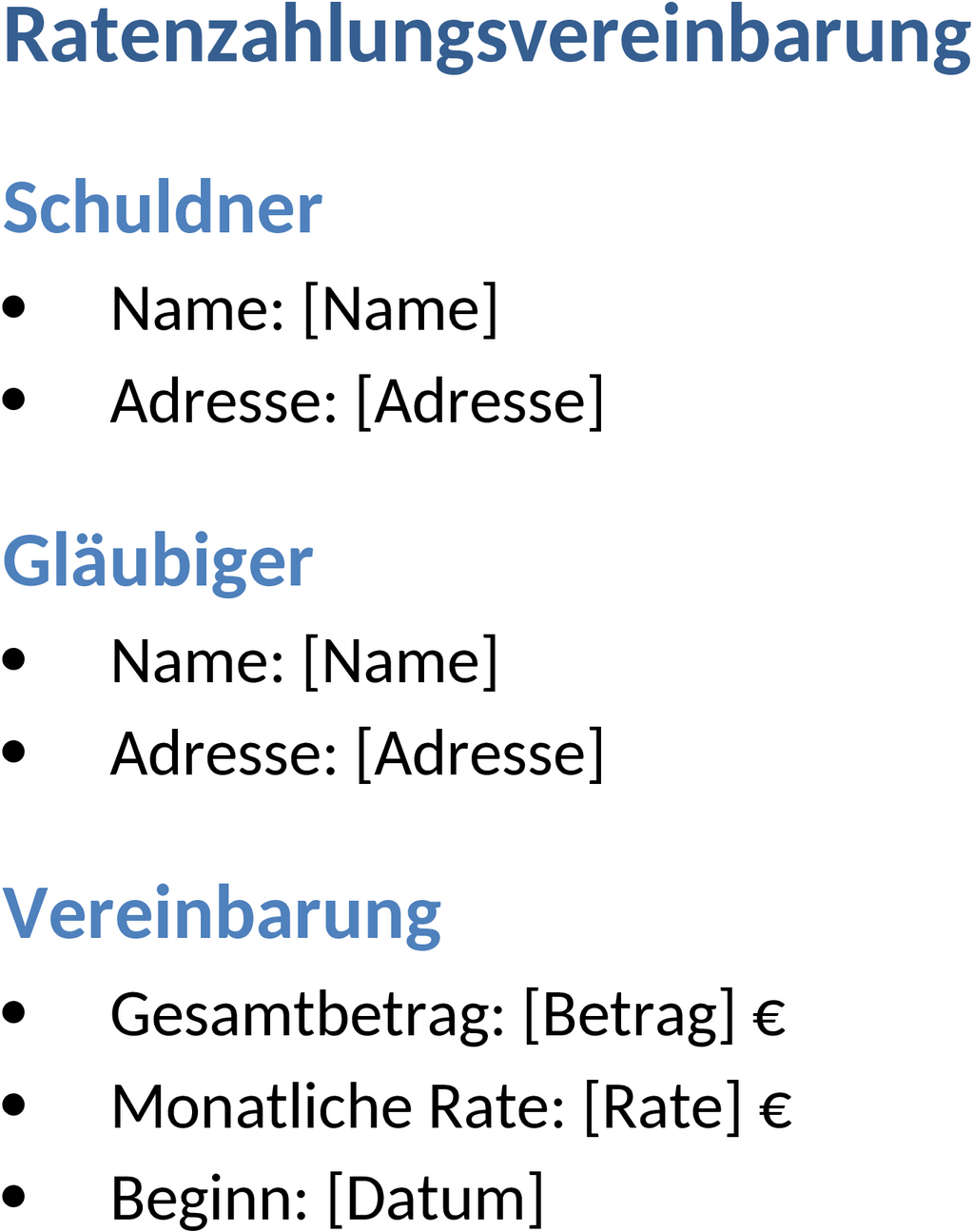 Word-Vorlage Ratenzahlungsvereinbarung