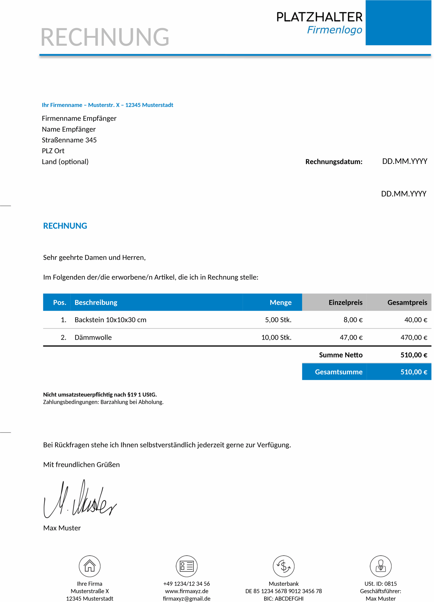 Word-Vorlage Rechnung für Kleinunternehmer