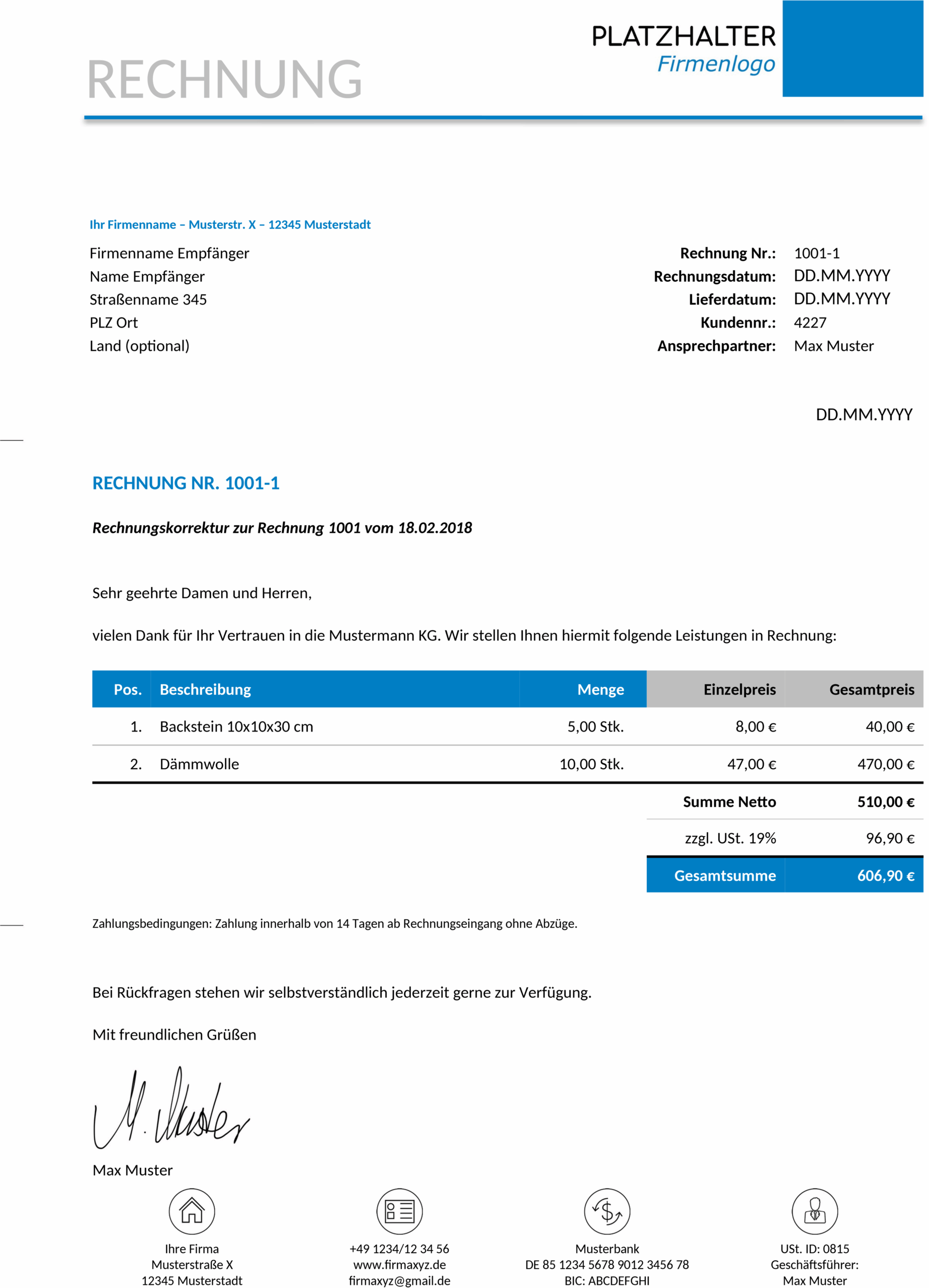 Word Vorlage Rechnungs-Korrektur