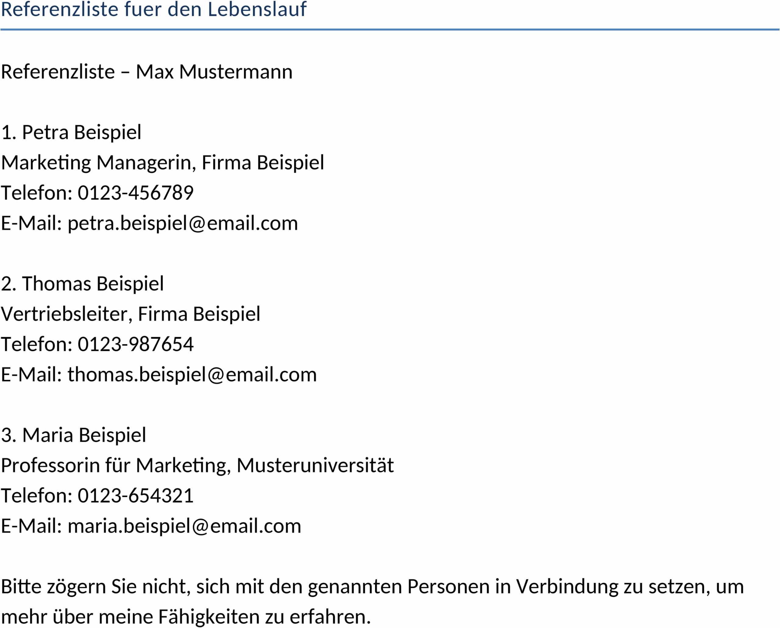 Word-Vorlage Referenzliste für den Lebenslauf