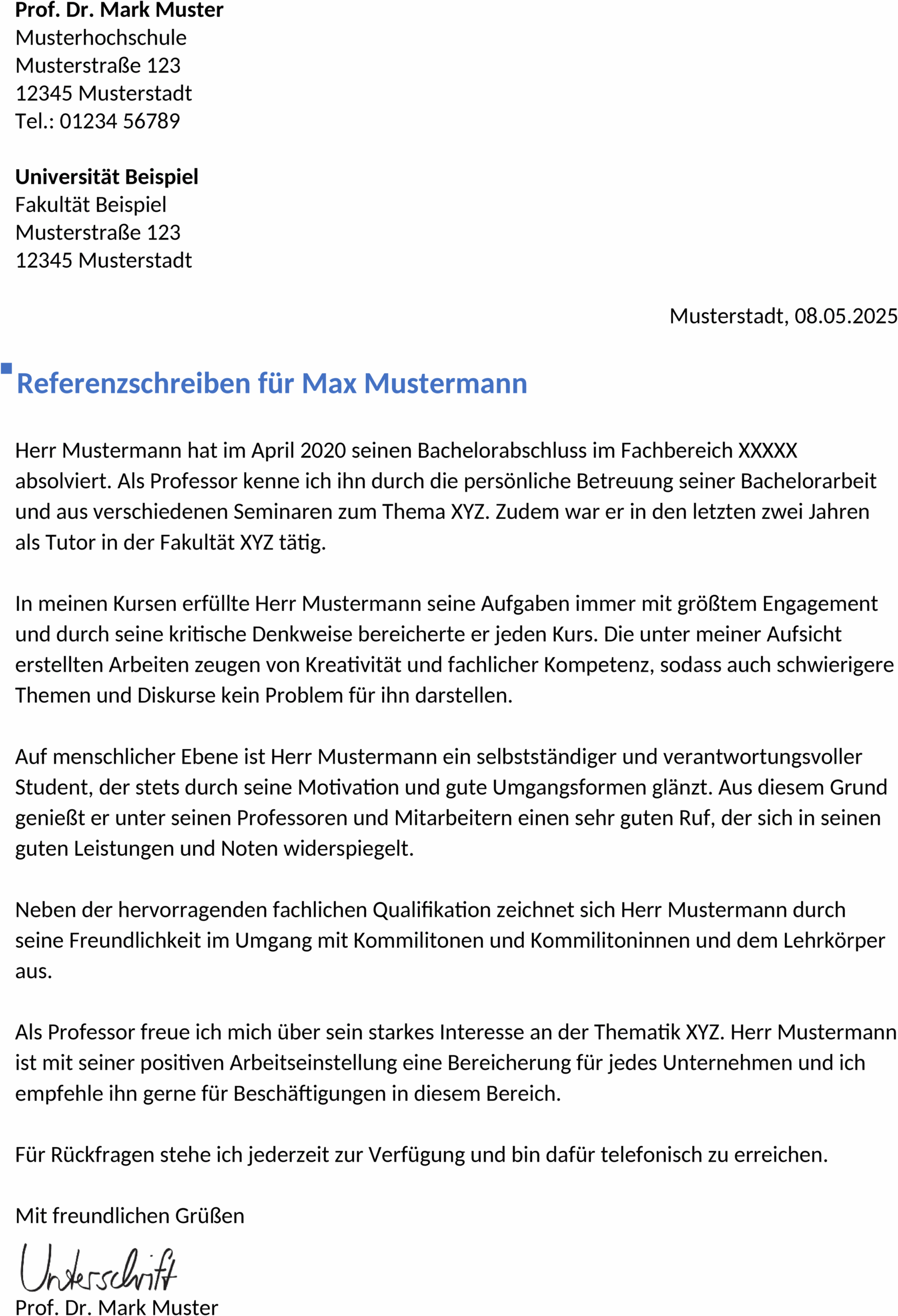 Word-Vorlage Referenzschreiben Professor
