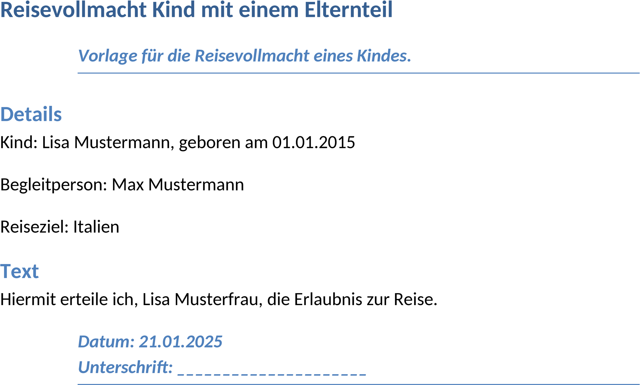 Word-Vorlage Reisevollmacht Kind mit einem Elternteil