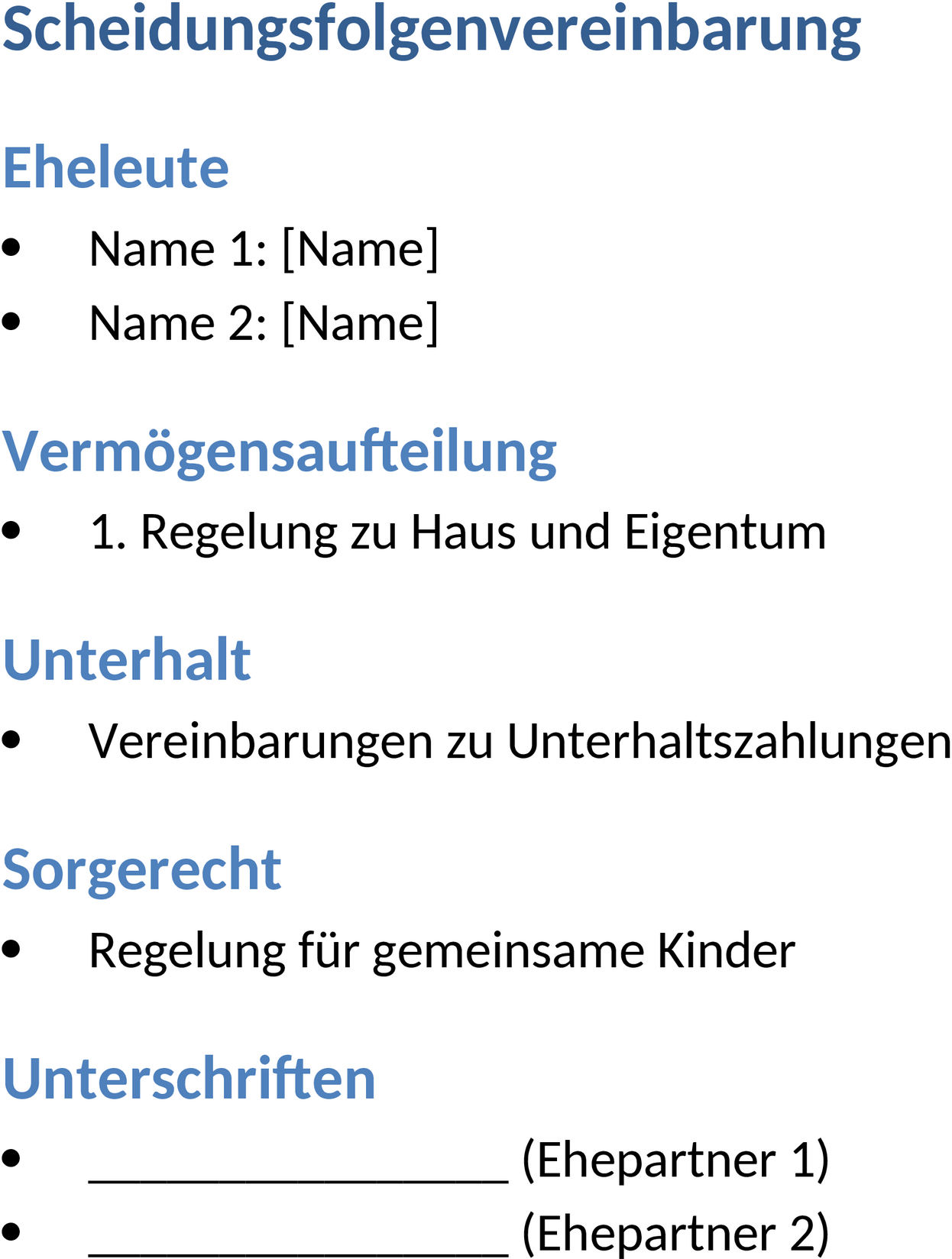 Word-Vorlage Scheidungsfolgenvereinbarung