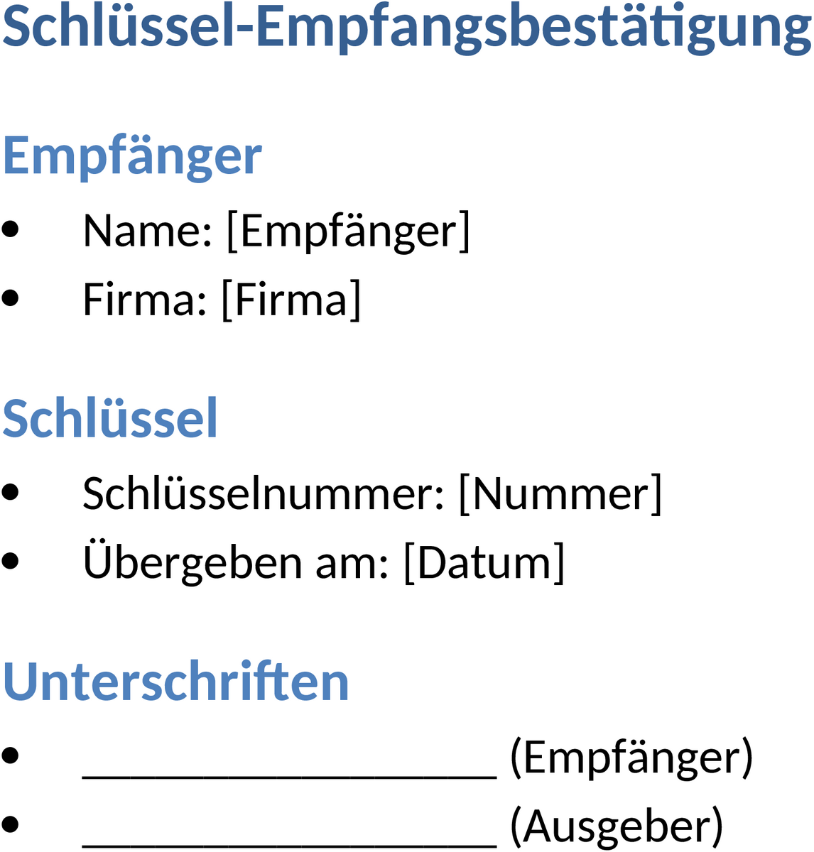 Word-Vorlage für Schlüssel-Empfangsbestätigung