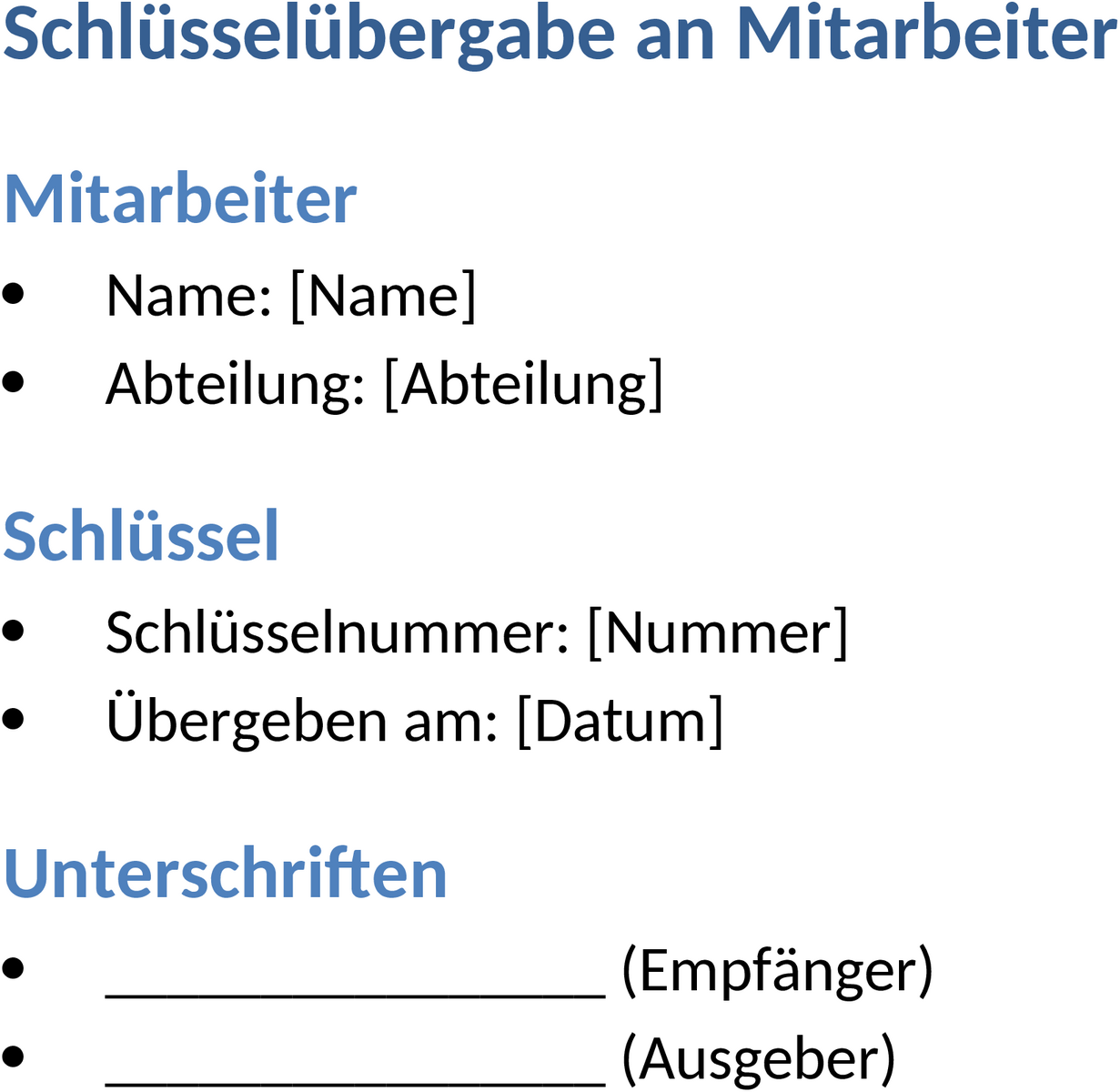 Word-Vorlage für Schlüsselübergabe an Mitarbeiter