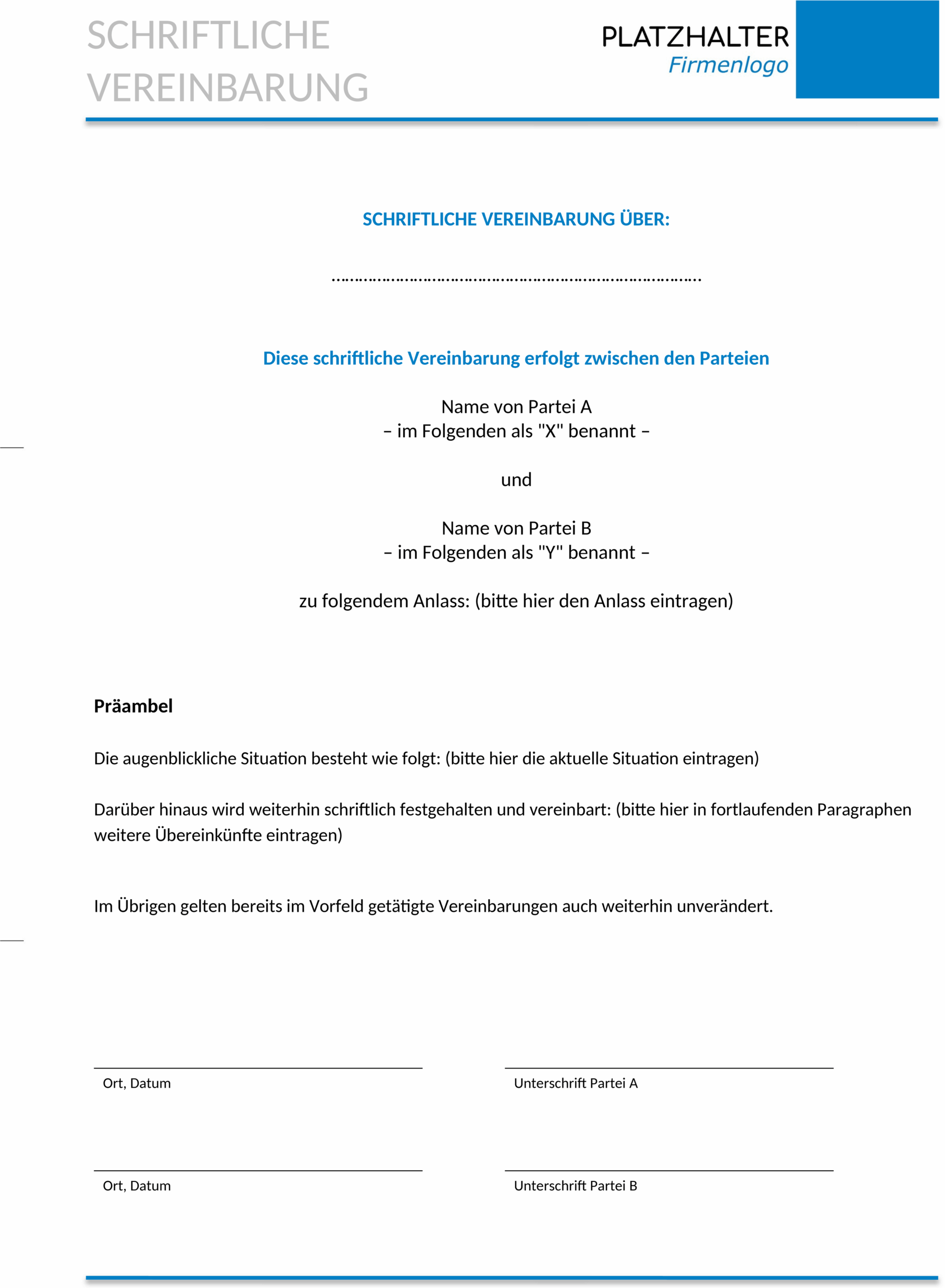 Word Vorlage Schriftliche Vereinbarung