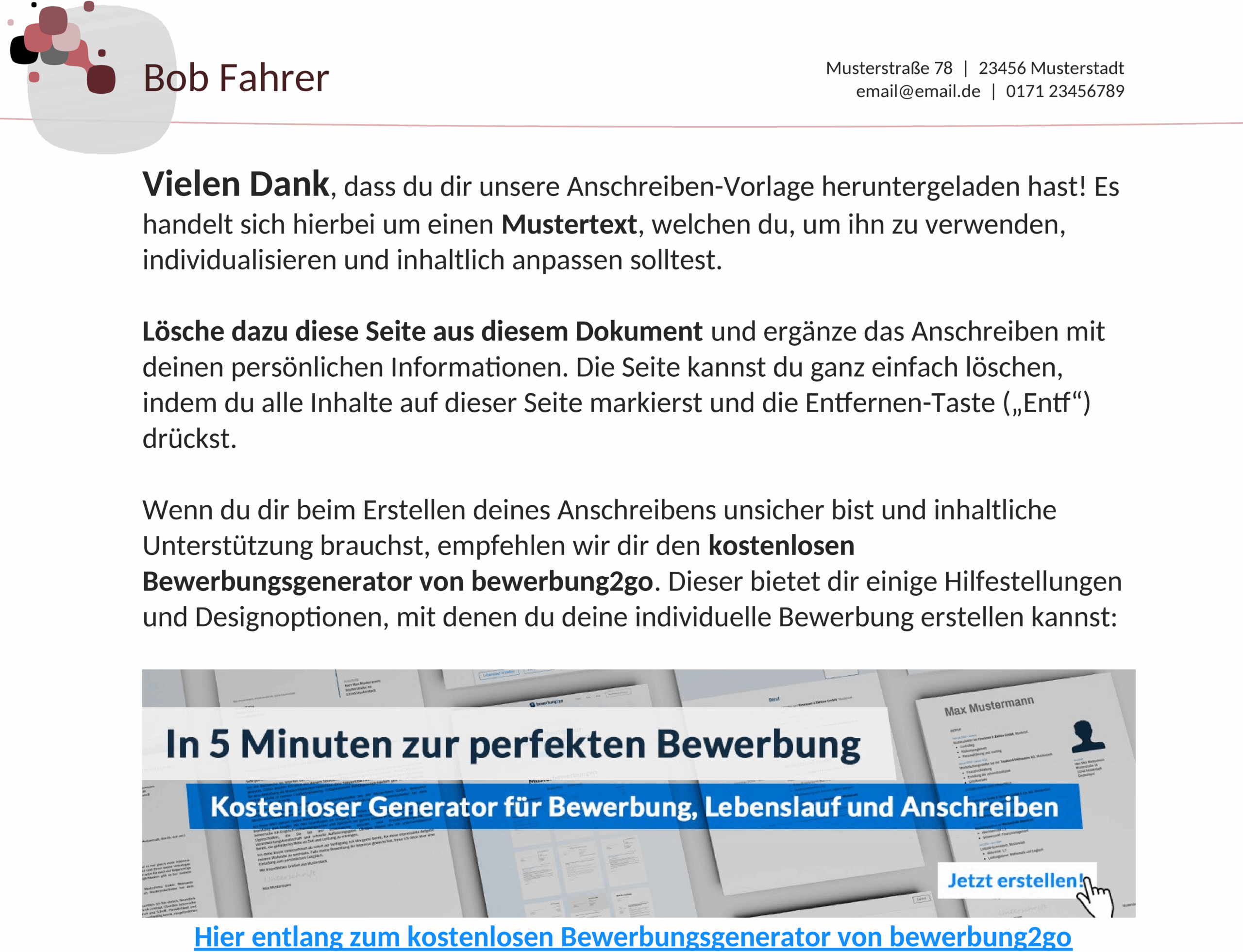 Word-Vorlage für Schüler-Anschreiben