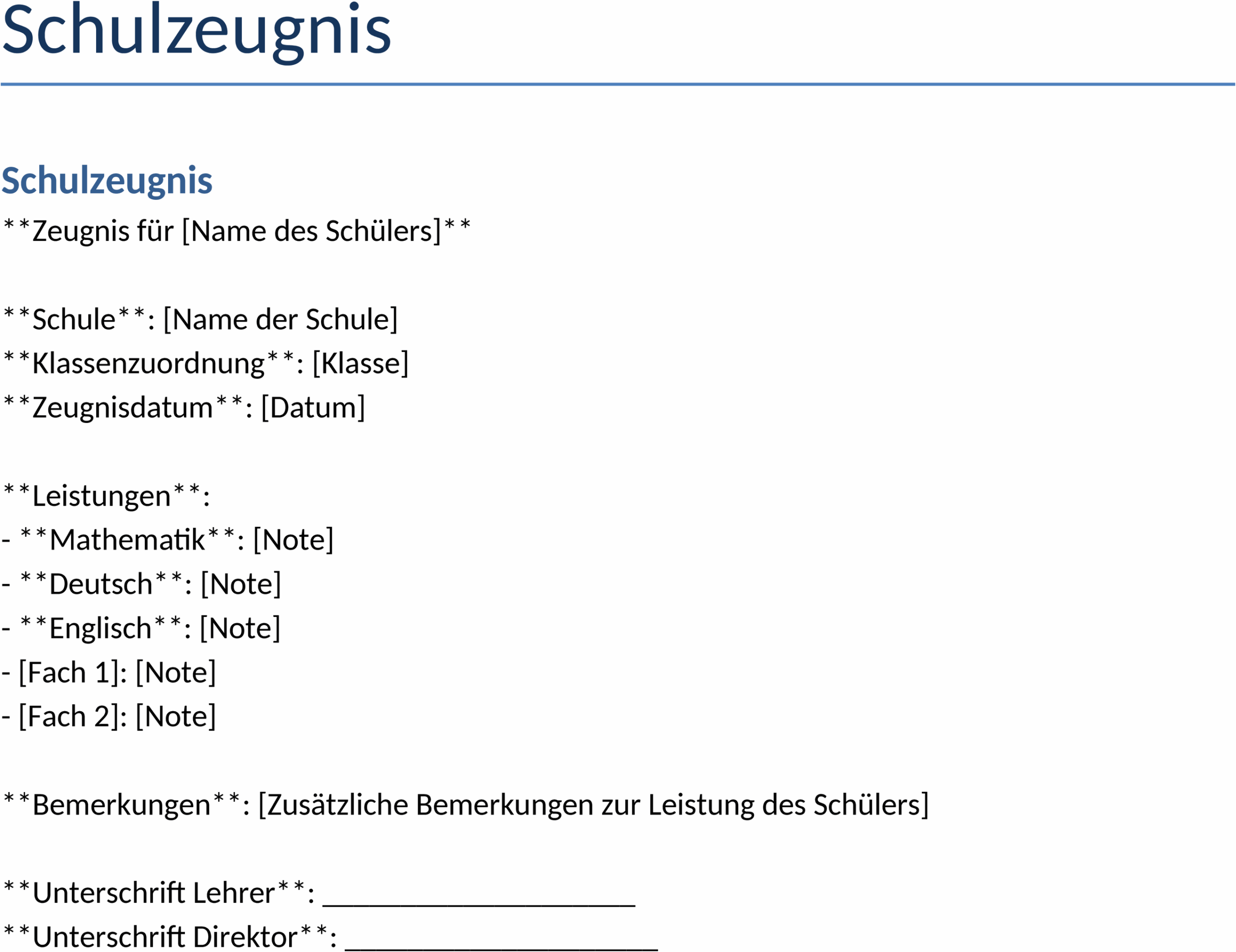 Word-Vorlage für Schulzeugnis
