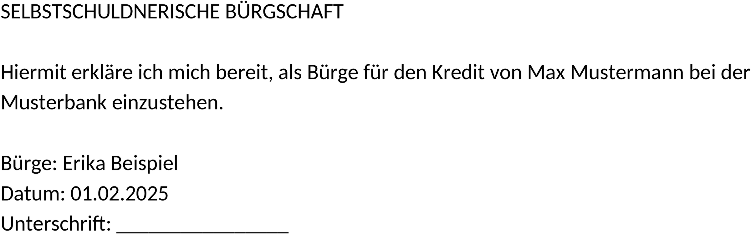 Word Vorlage Selbstschuldnerische Bürgschaft