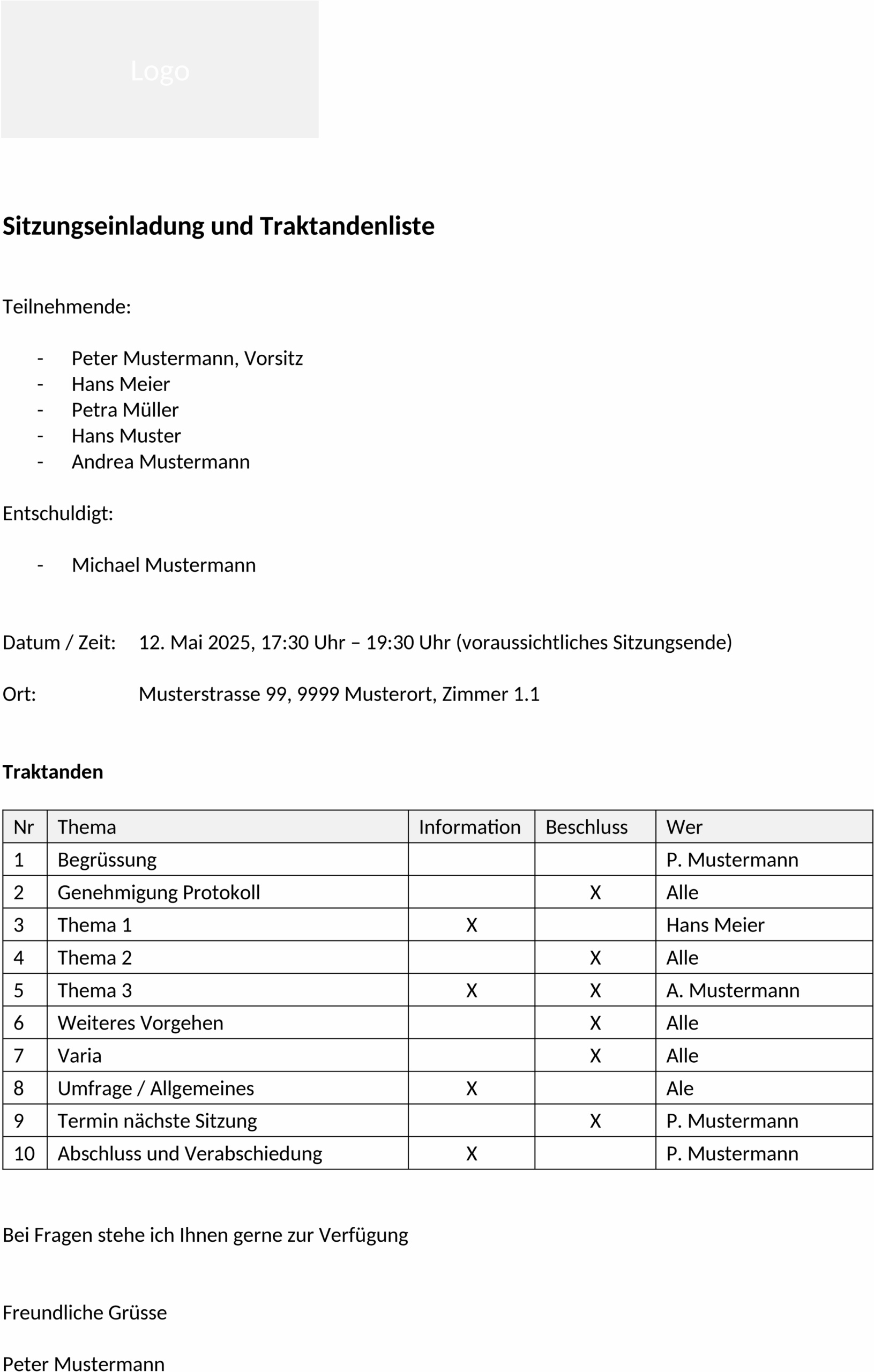 Word-Vorlage für Sitzungseinladung und Traktandenliste
