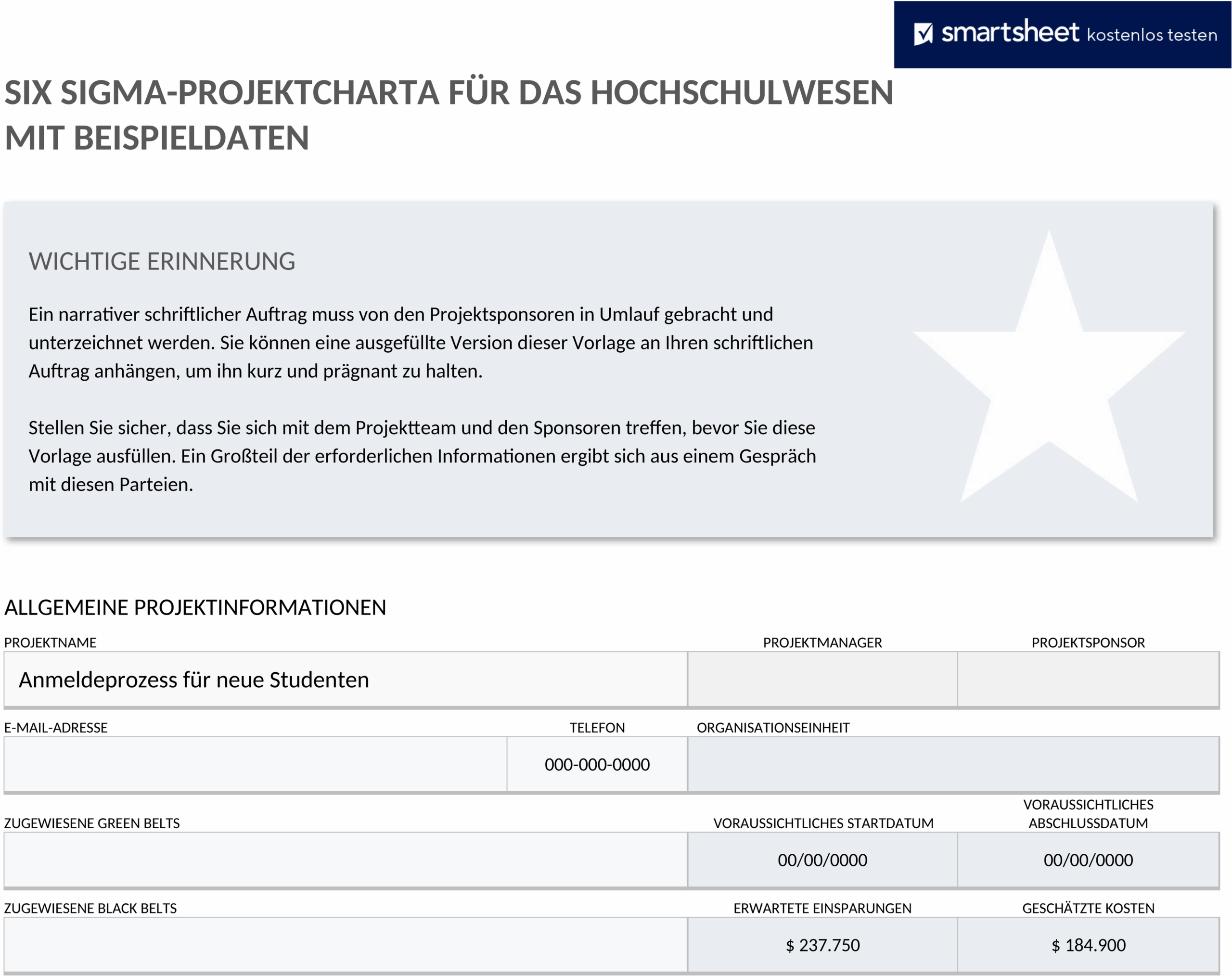 Word-Vorlage: Six Sigma Projekt Charter